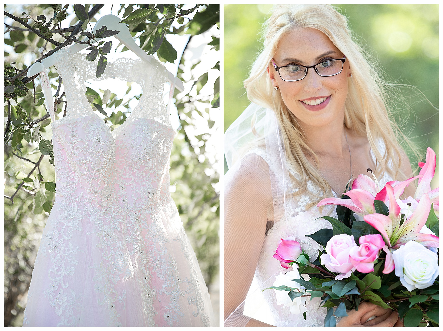 Close up of bride wearing glasses and holding pink lily bouquet.  Photo by Photography by Justine, photographer in Bismarck ND