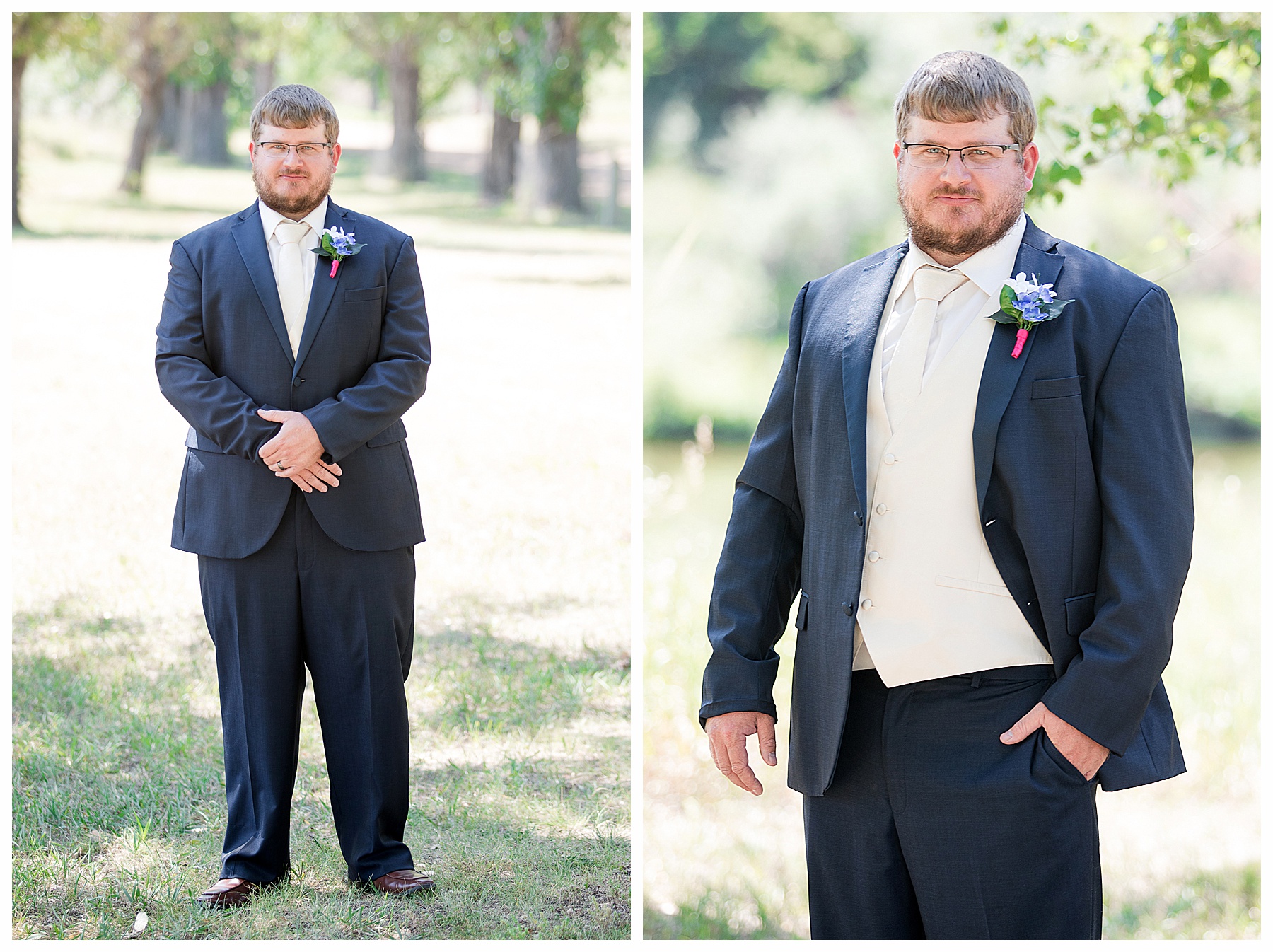 Groom wearing glasses and navy tux.  Photography by Justine, bismarck wedding photographer