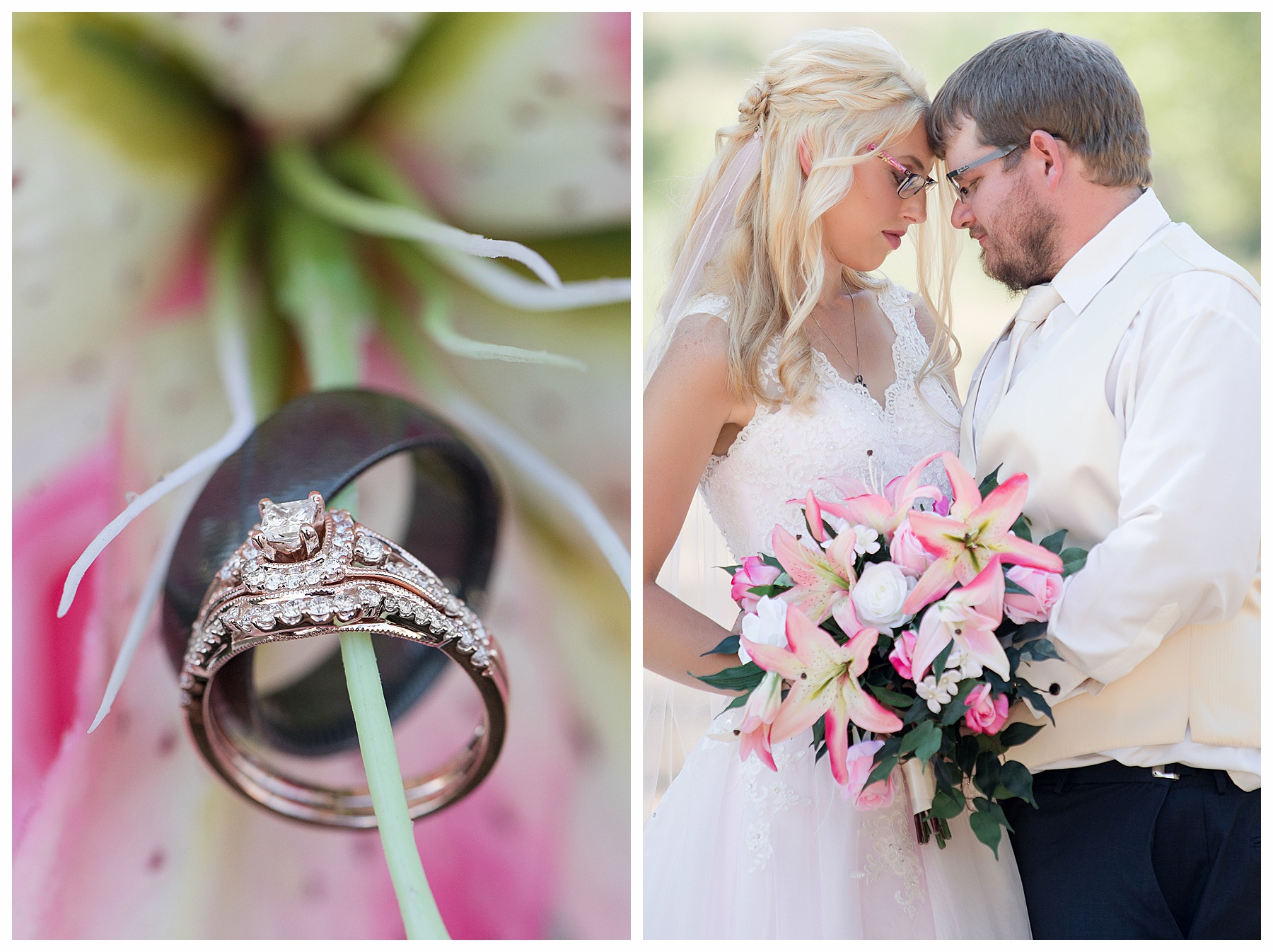 Bride and groom both wearing glasses and holding pink lily bouquet.  Photo by Bismarck wedding photographer, Justine