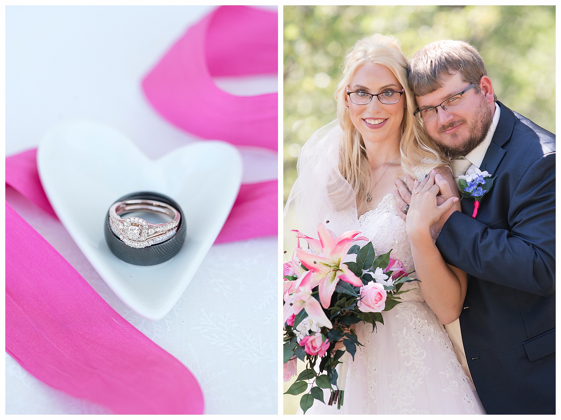 Close up photo of bride and groom both wearing glasses.  Close up of wedding rings on heart shaped ring dish and fuchsia ribbon