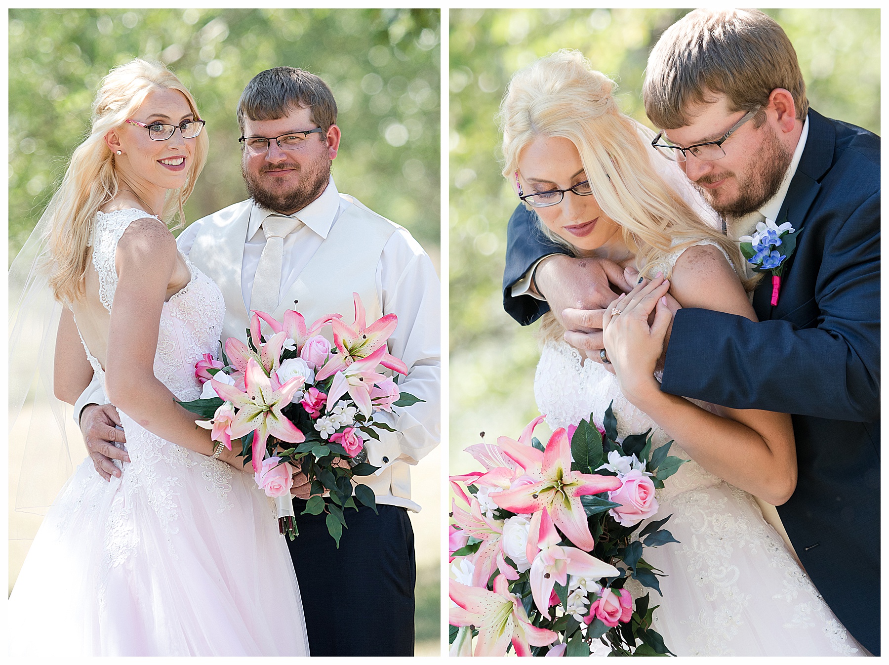 Bride and groom wearing glasses looking a pink lily bouquet.  Lake Tschida North Dakota.