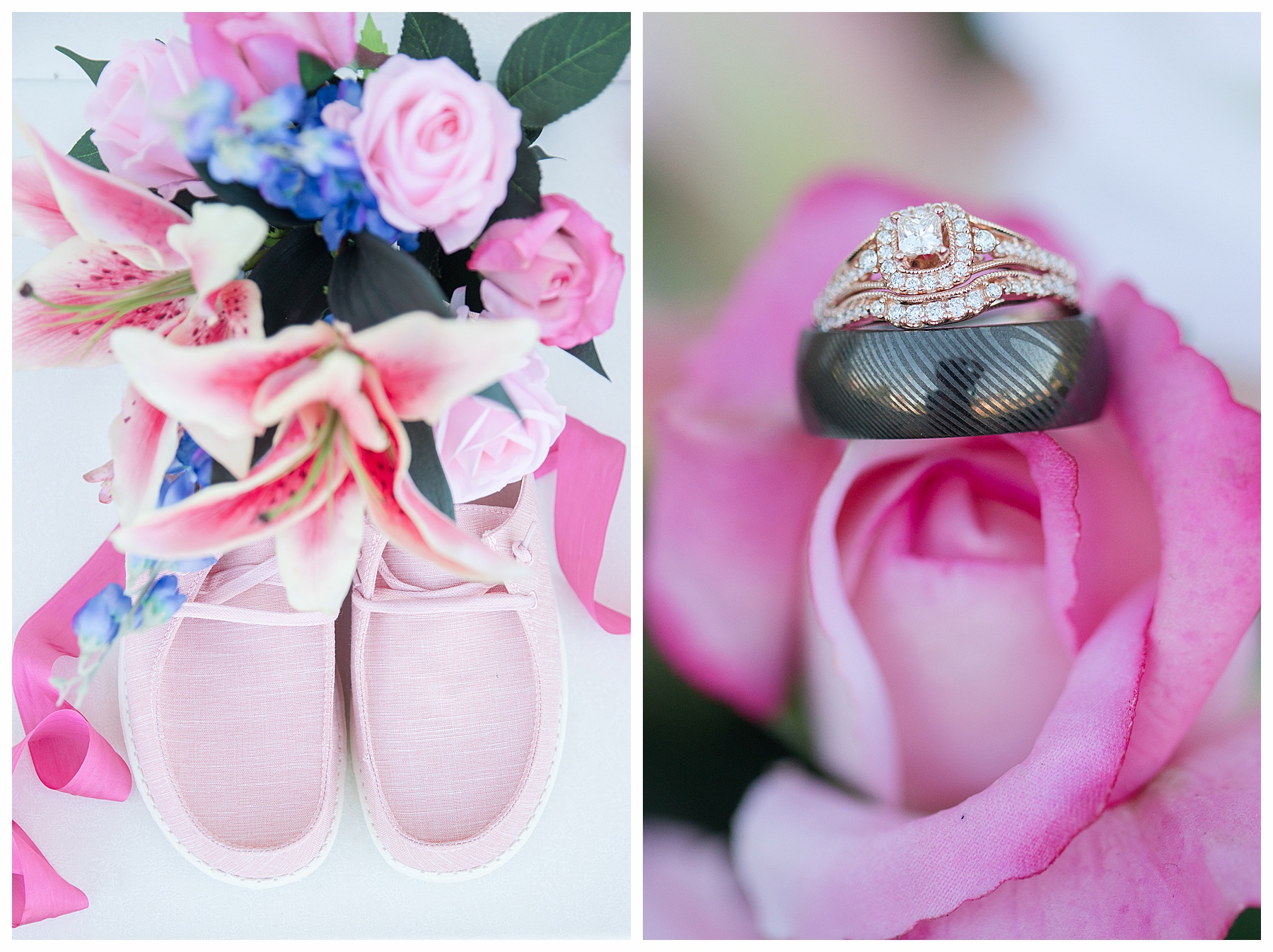 bright pink detail wedding detail photos of shoes, florals and rings.  