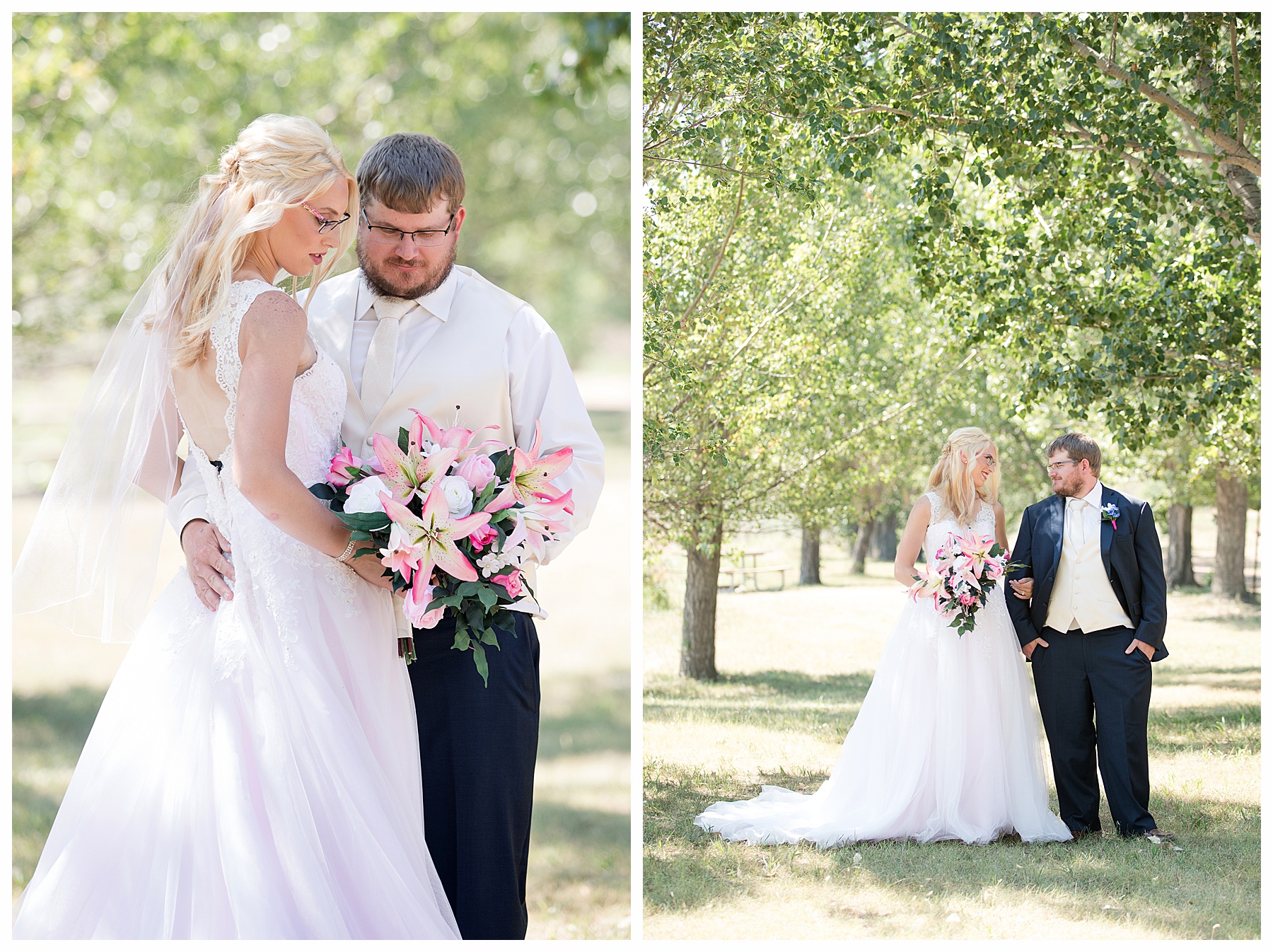 Bride and Groom in pink and navy wearing glasses at Lake Tschida downstream campground. Photo created by Justine, Bismarck wedding photographer