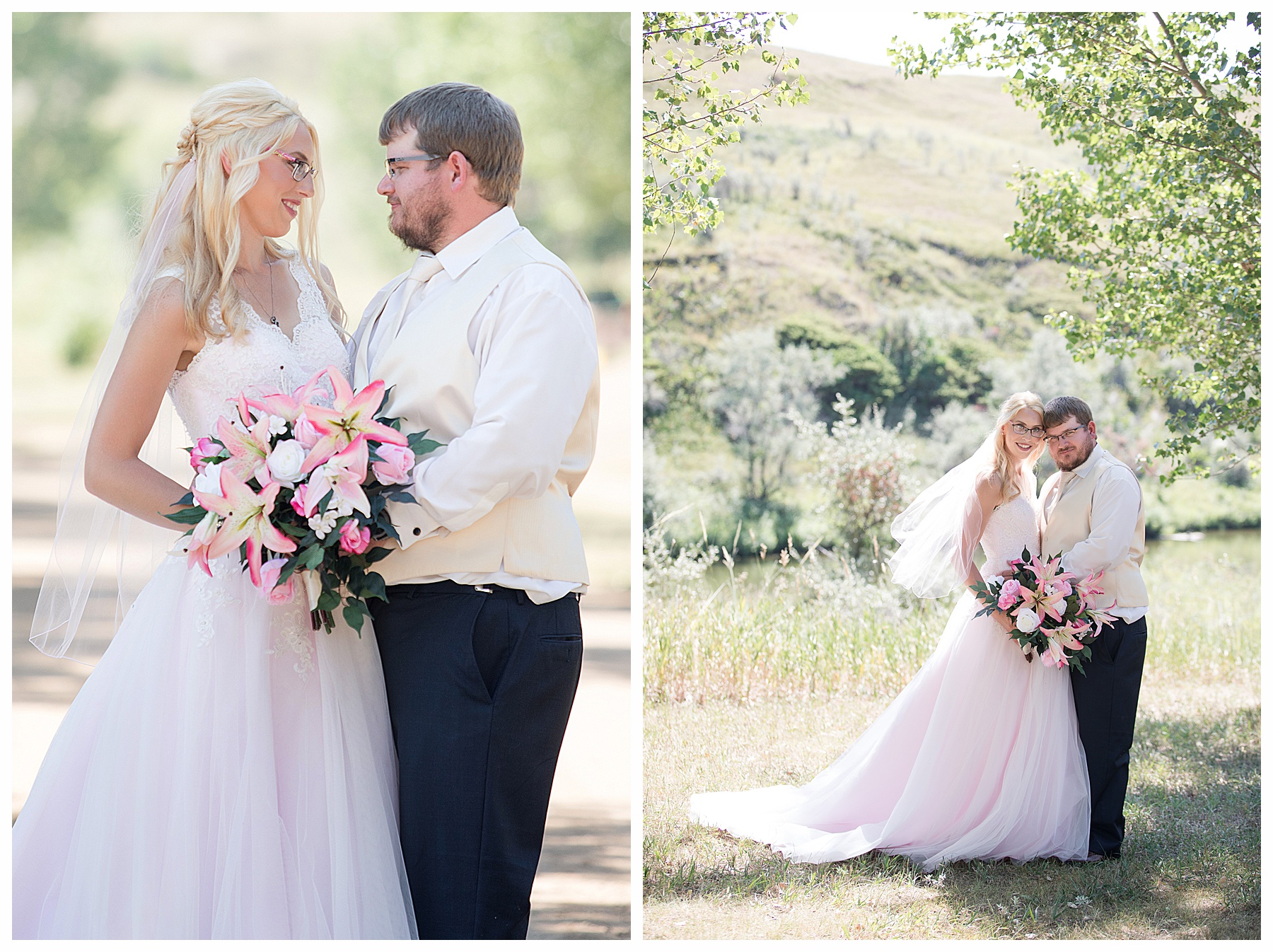 Bride in pink gown and groom in navy look an other another.  Bride and groom each wearing glasses. Photos at Lake Tschida.