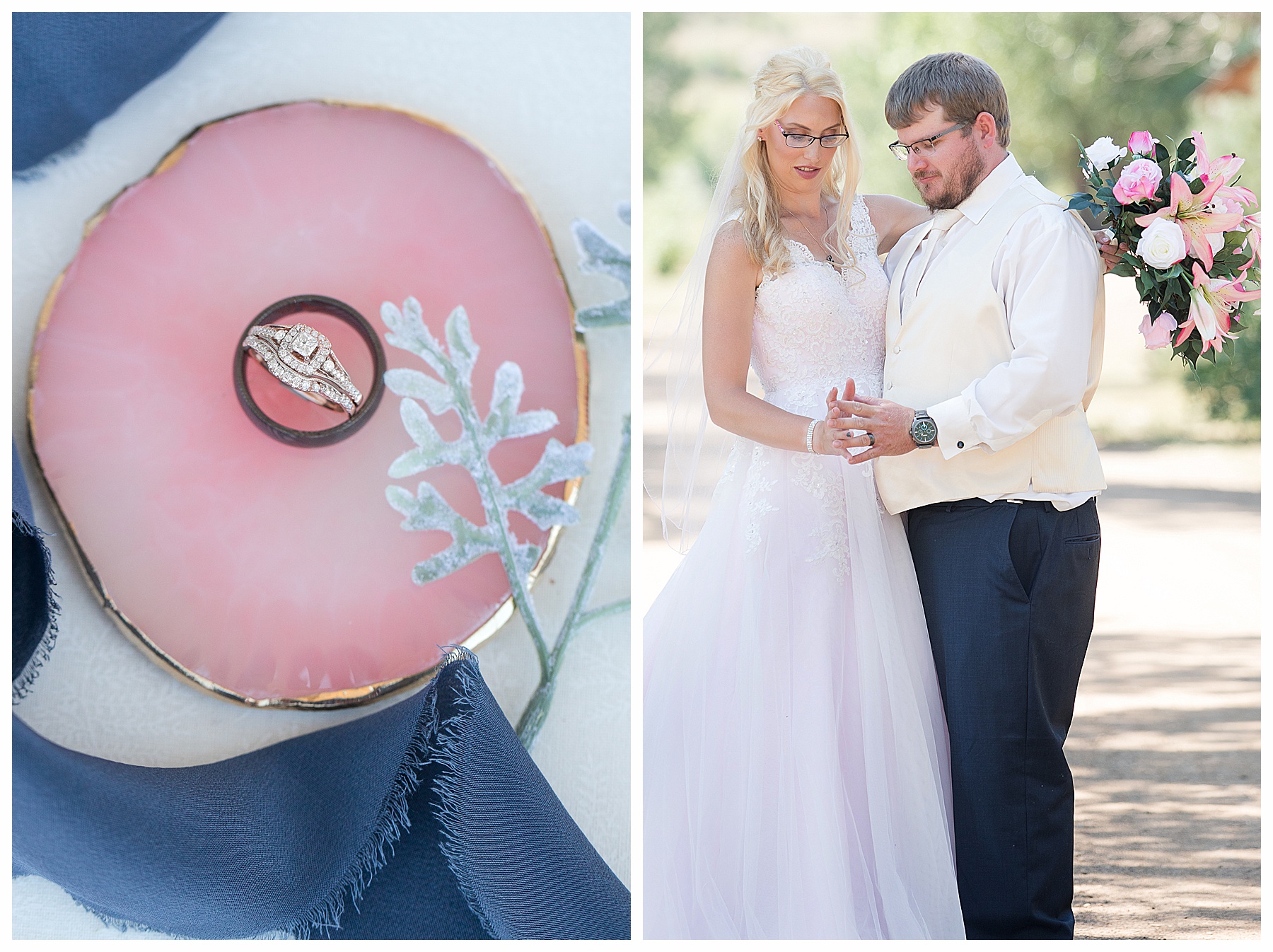 Bride wearing pink gown and glasses and holding a pink lily bouquet holds hands with groom in navy pants and cream vest