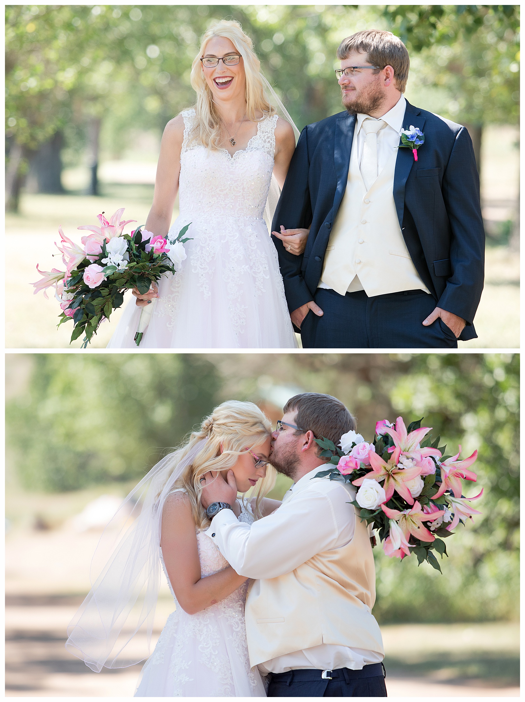 Bride wearing pink gown and glasses laughs as groom looks at her.  Photo by Justine, Bismarck wedding photographer