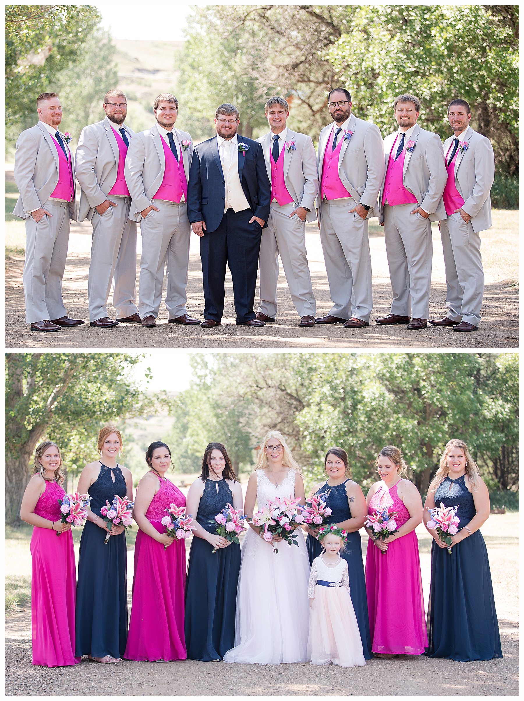 Groom in Navy and groomsmen in pink on dirt road