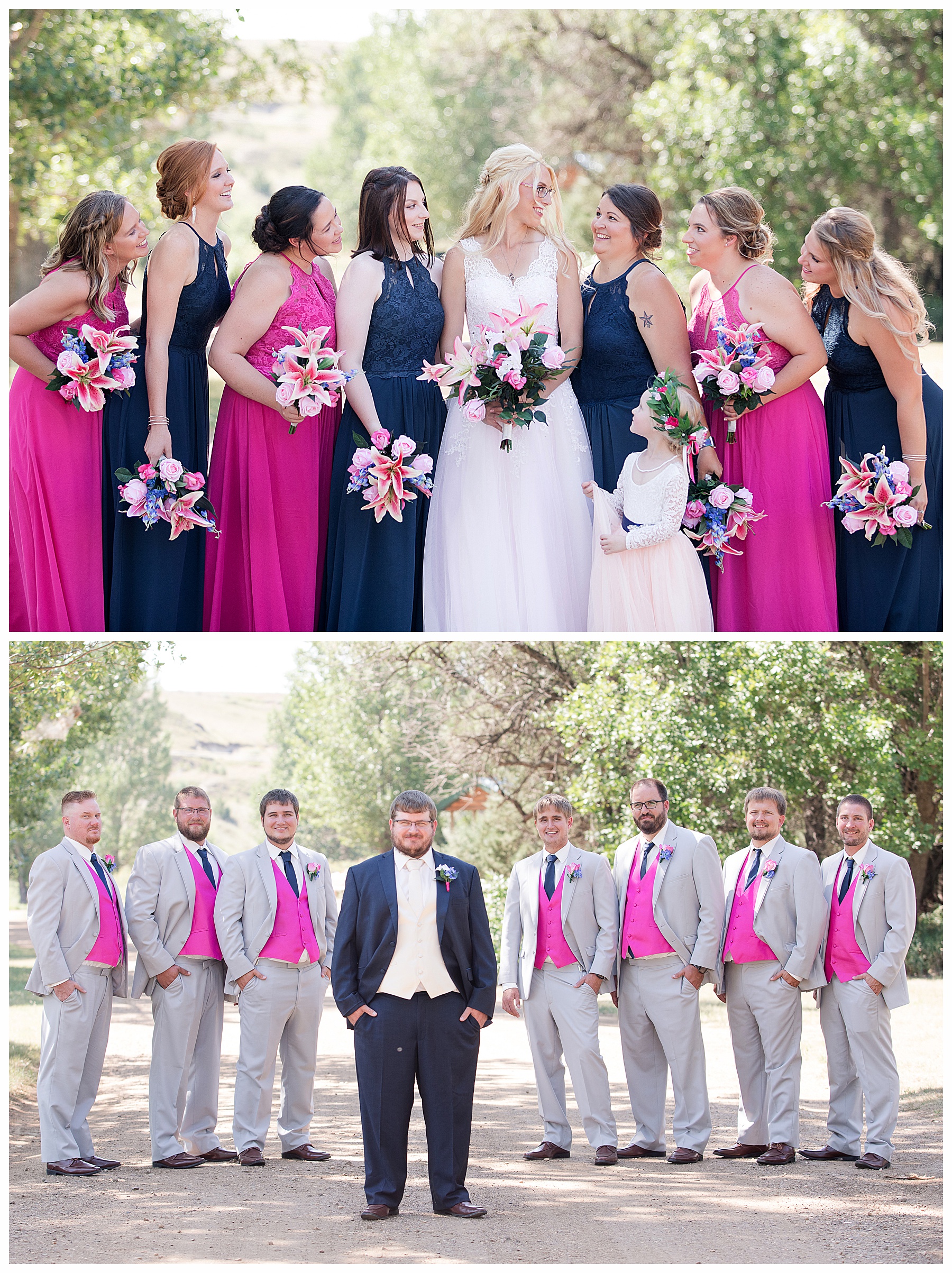 bride in pink gown with bridesmaids wearing pin and navy.