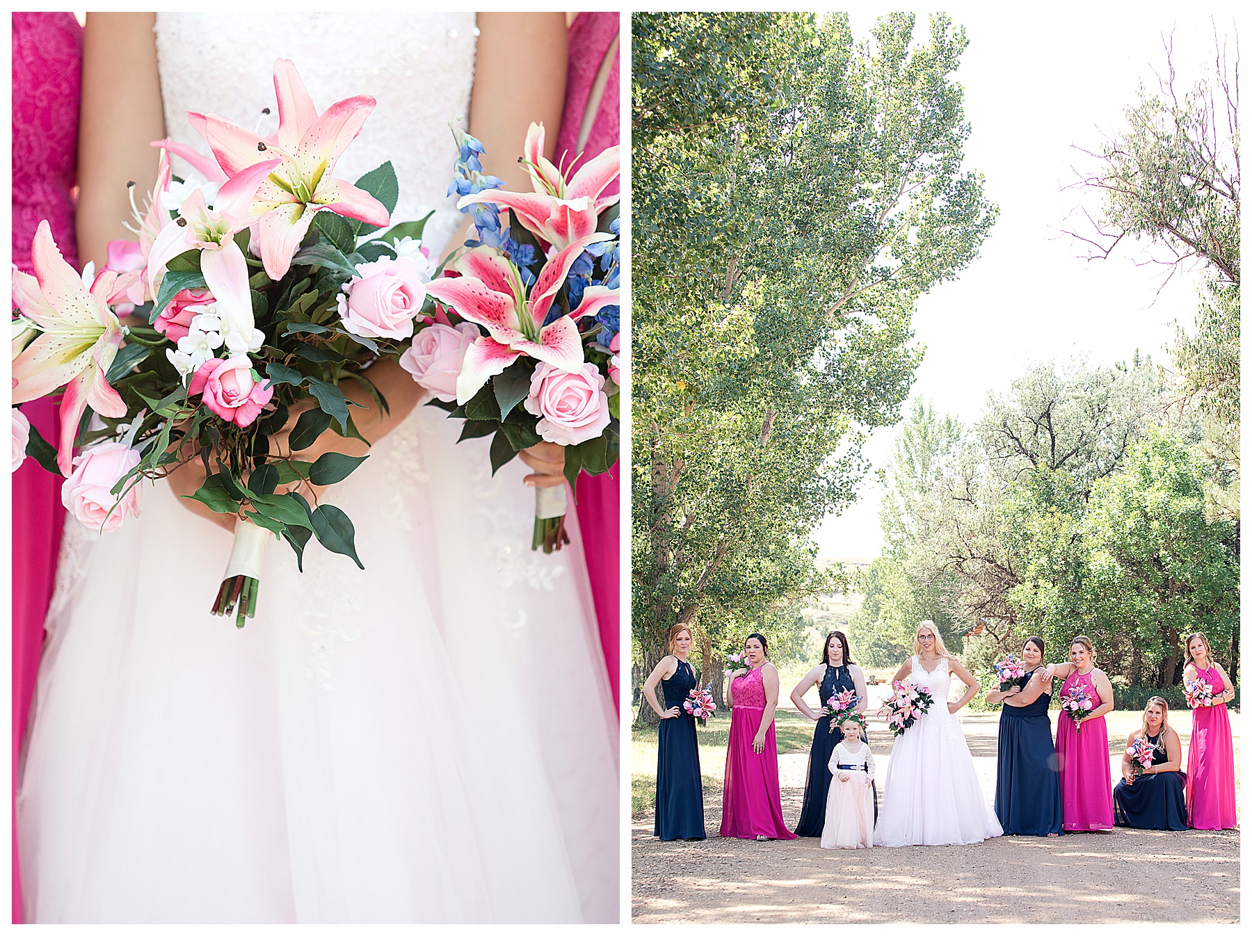 pink lily bridal bouquet and bridesmaids in pink and navy.  