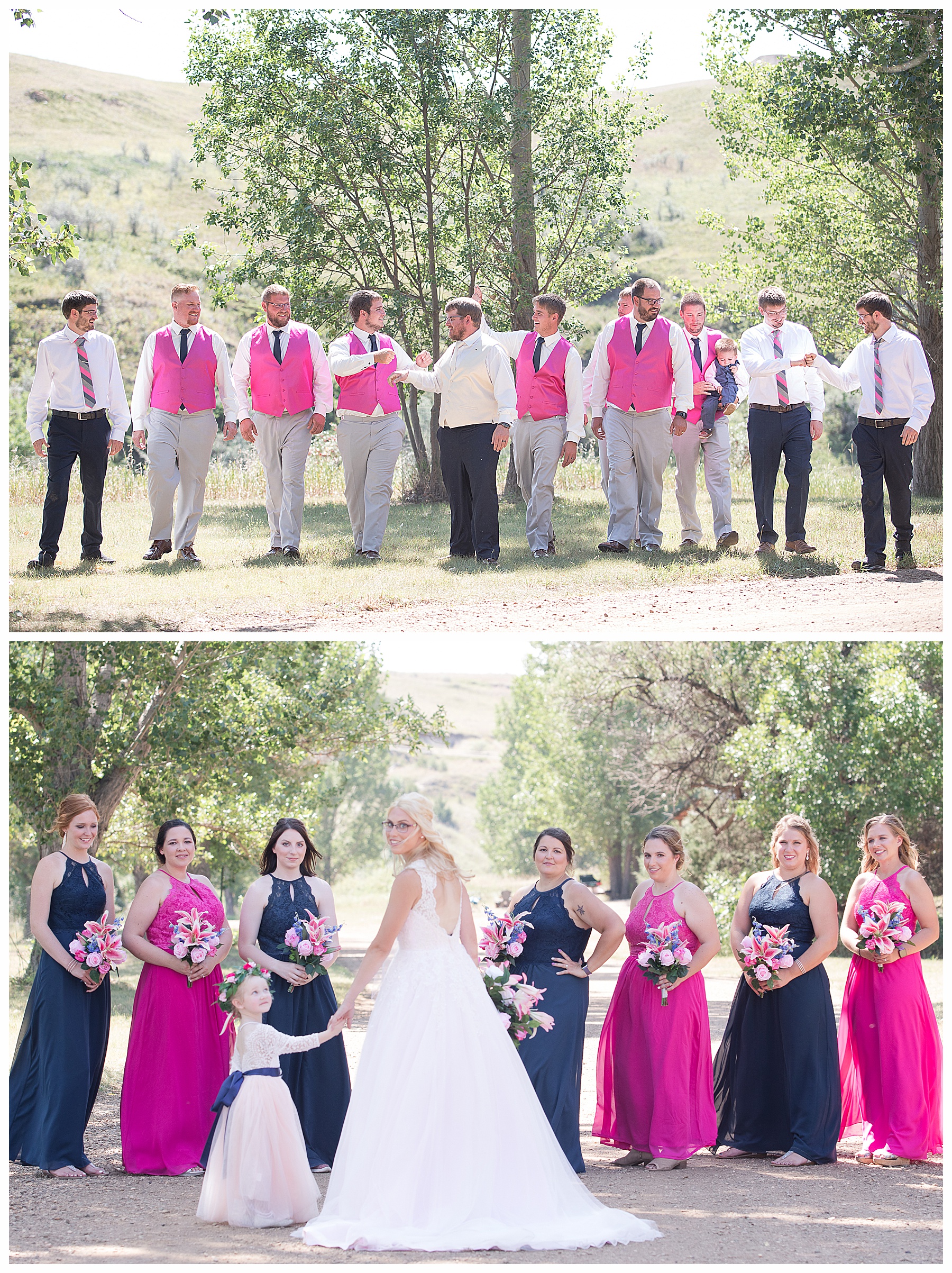 Wedding party wearing bright pink and navy with flower girl in a flower crown.  Wedding photos taken at Lake Tschida, ND