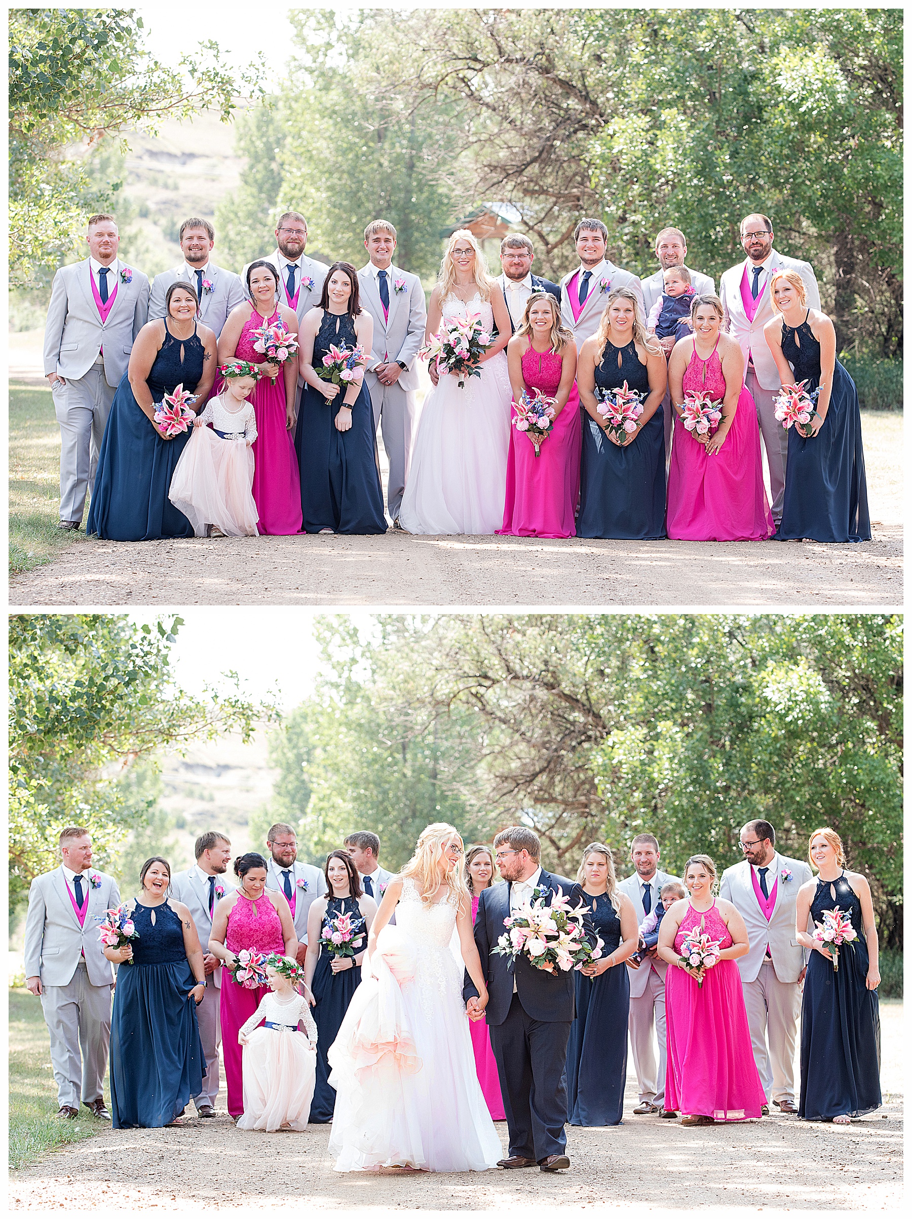 wedding party wearing bright pink navy and grey celebrate with bride in pink gown