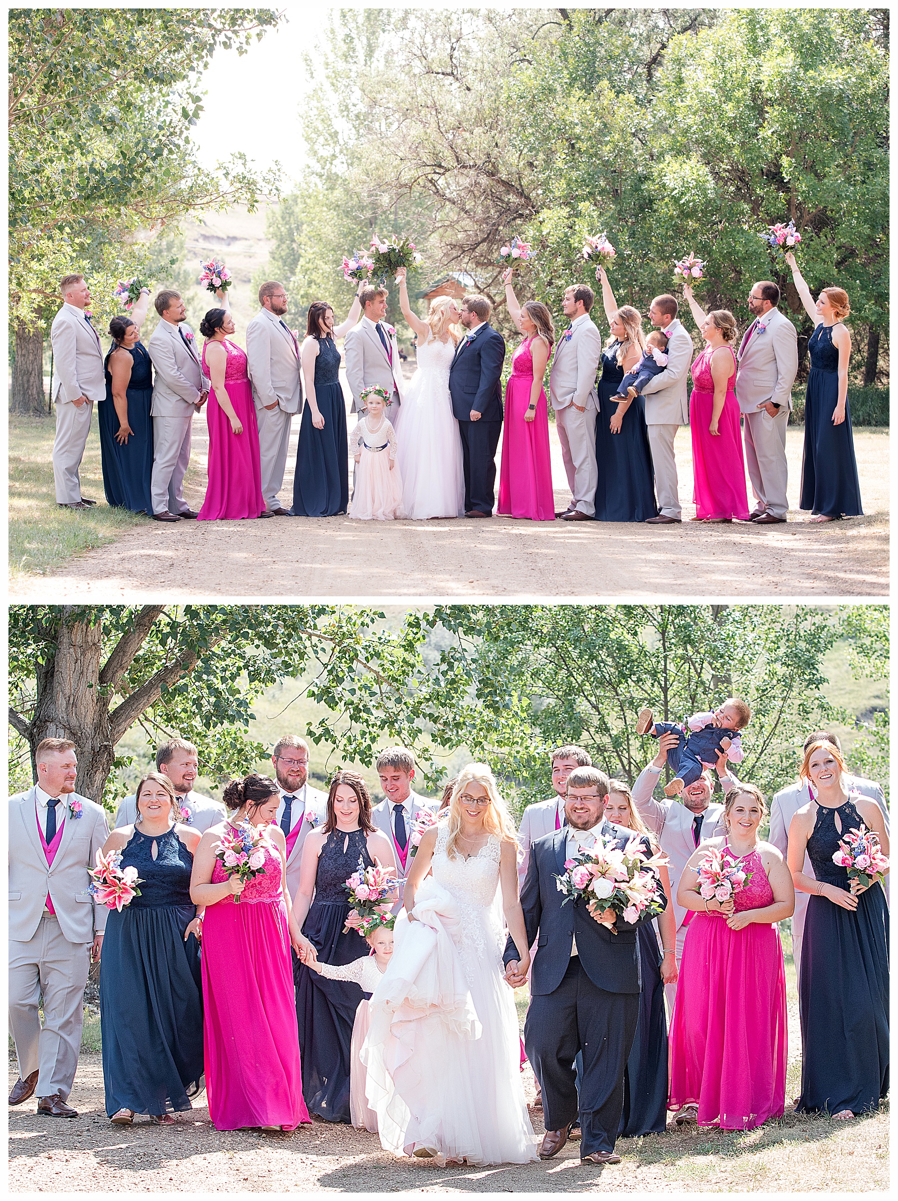 pink and navy wedding party holding bouquets above their heads in celebration.  Wedding photos at Lake Tschida, ND