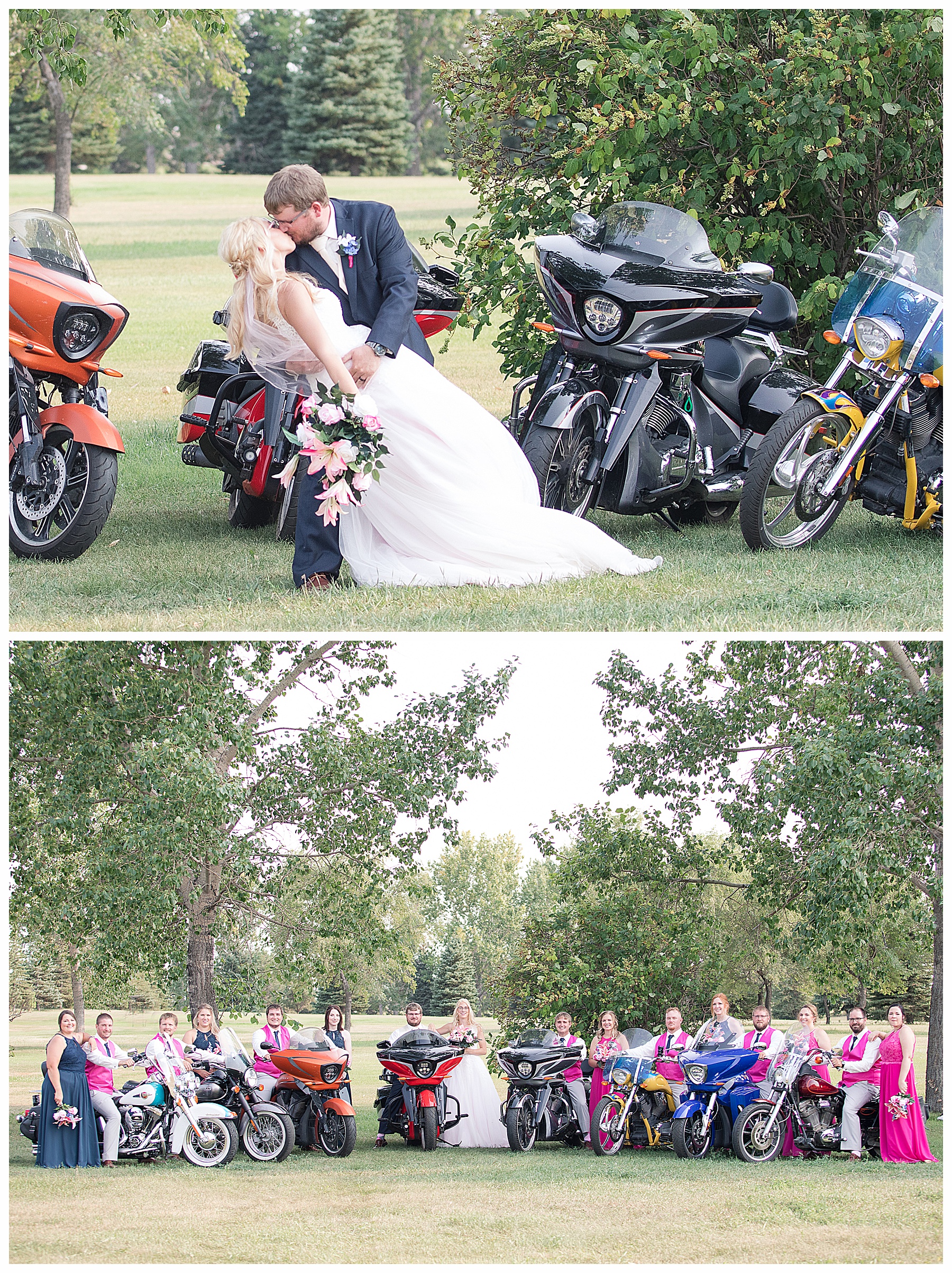 Bride and groom dip kiss in front of motorcycles.  Wedding party pose with motorcycles