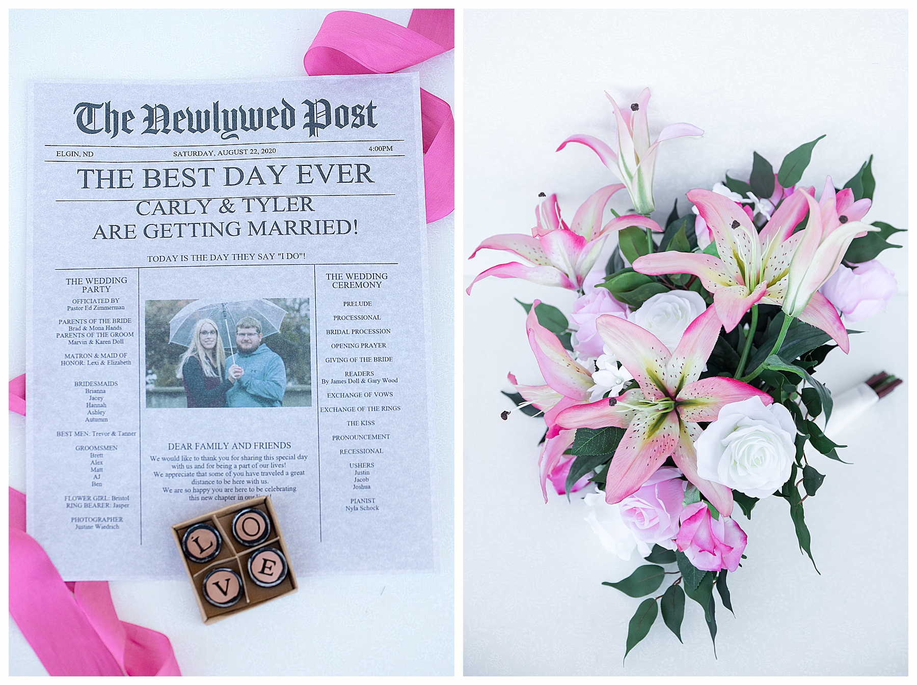 Wedding program designed like a newspaper with pink ribbon flat lay