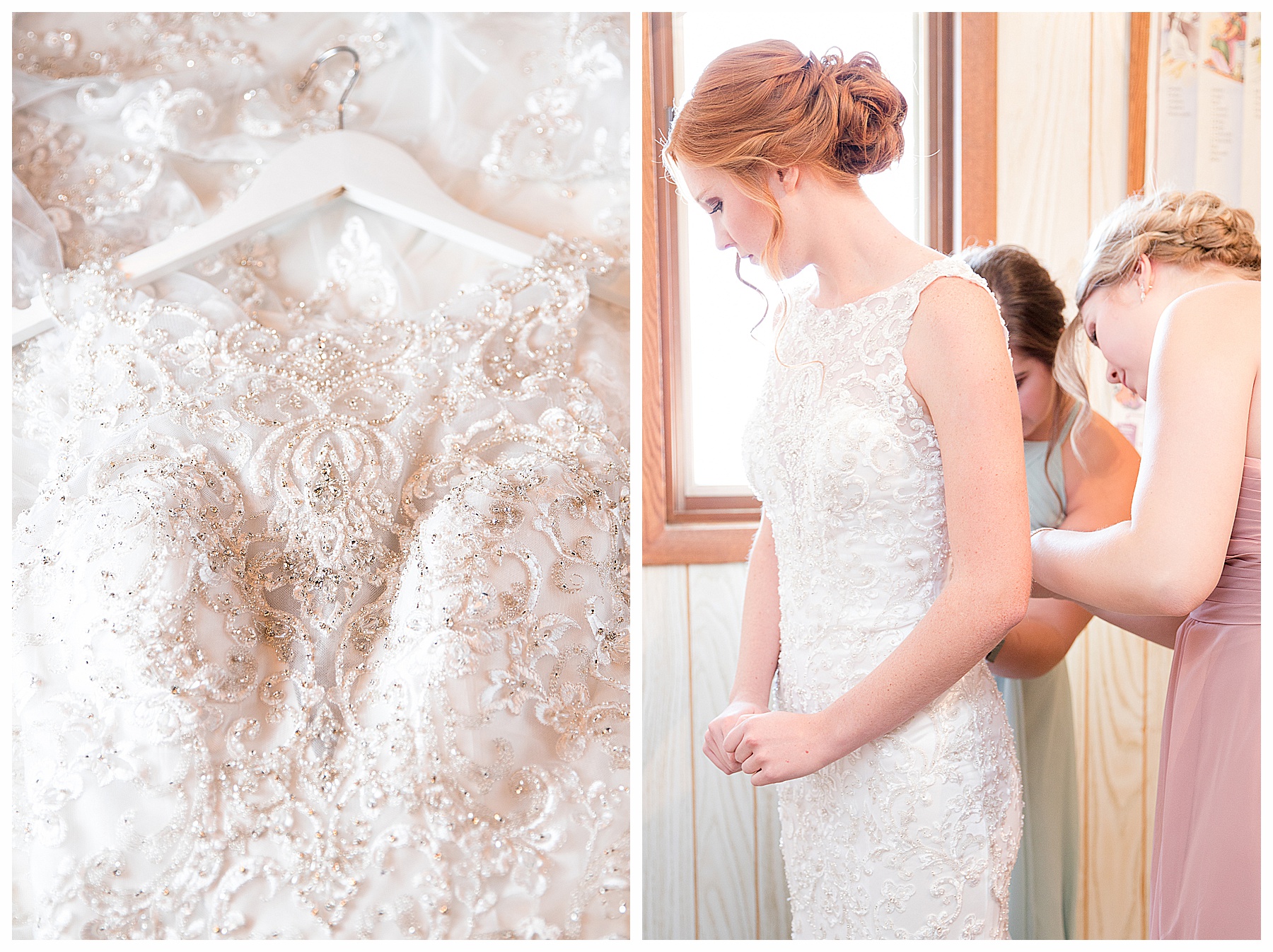 Bridesmaids helping bride get into gown.  Close up of top of wedding gown