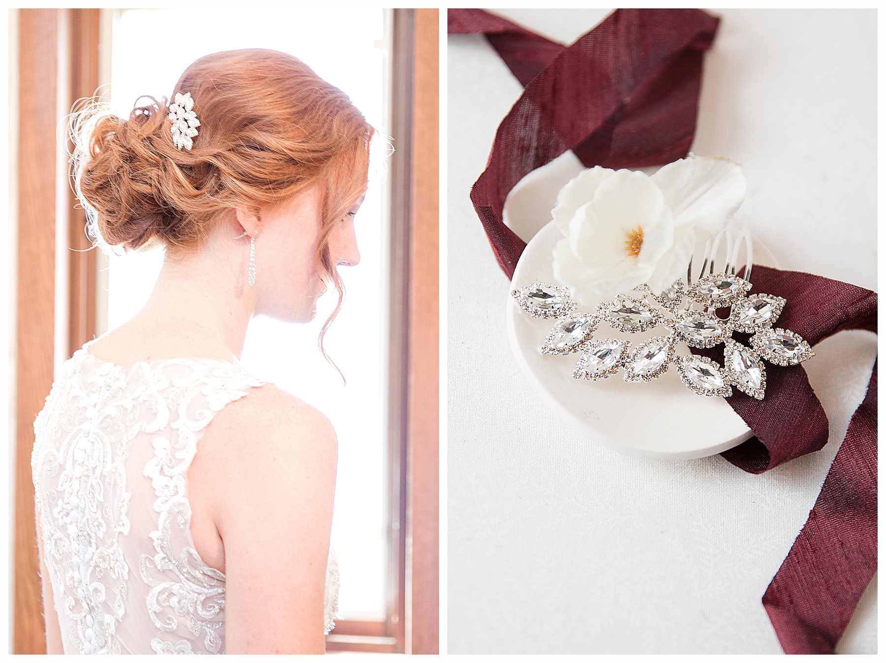 red headed bride with updo and hair piece