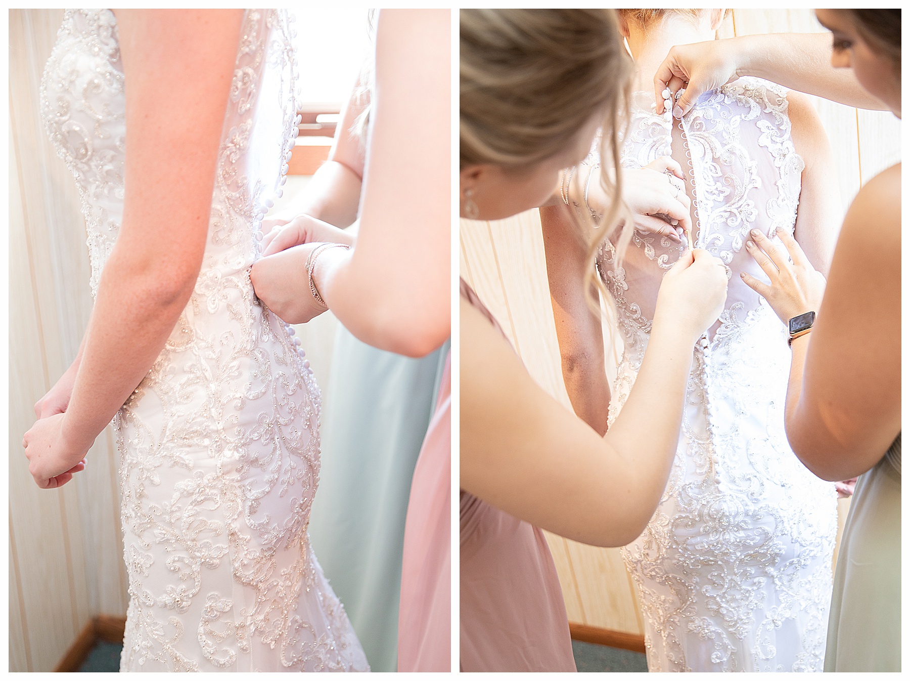 photo of hands buttoning up wedding gown