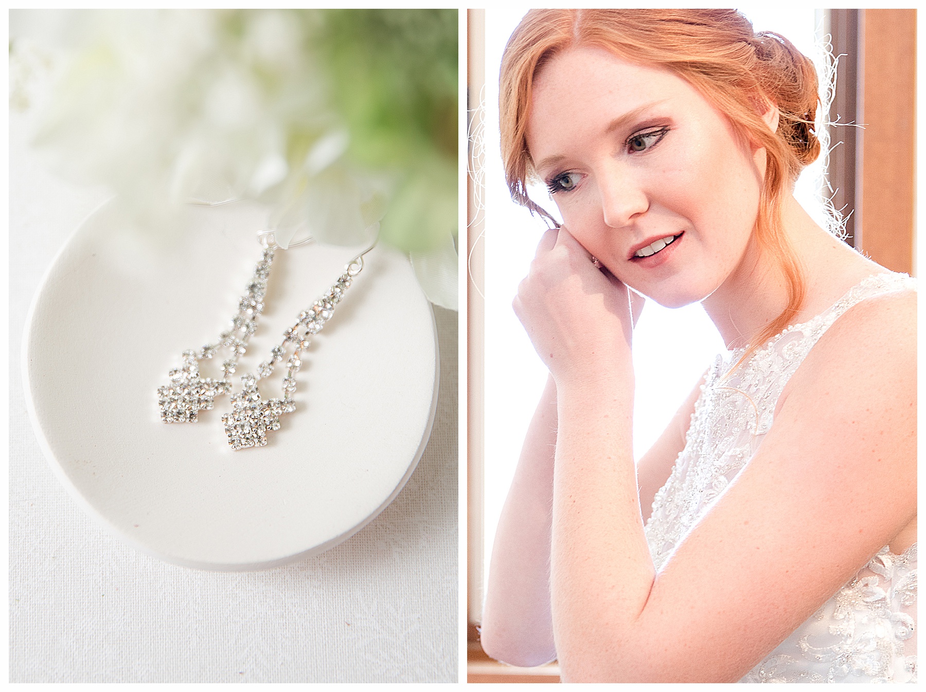 red head bride putting on earrings