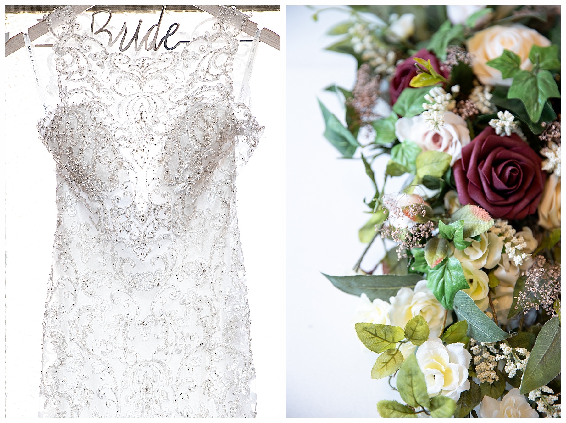 close up of wedding gown backlit in window