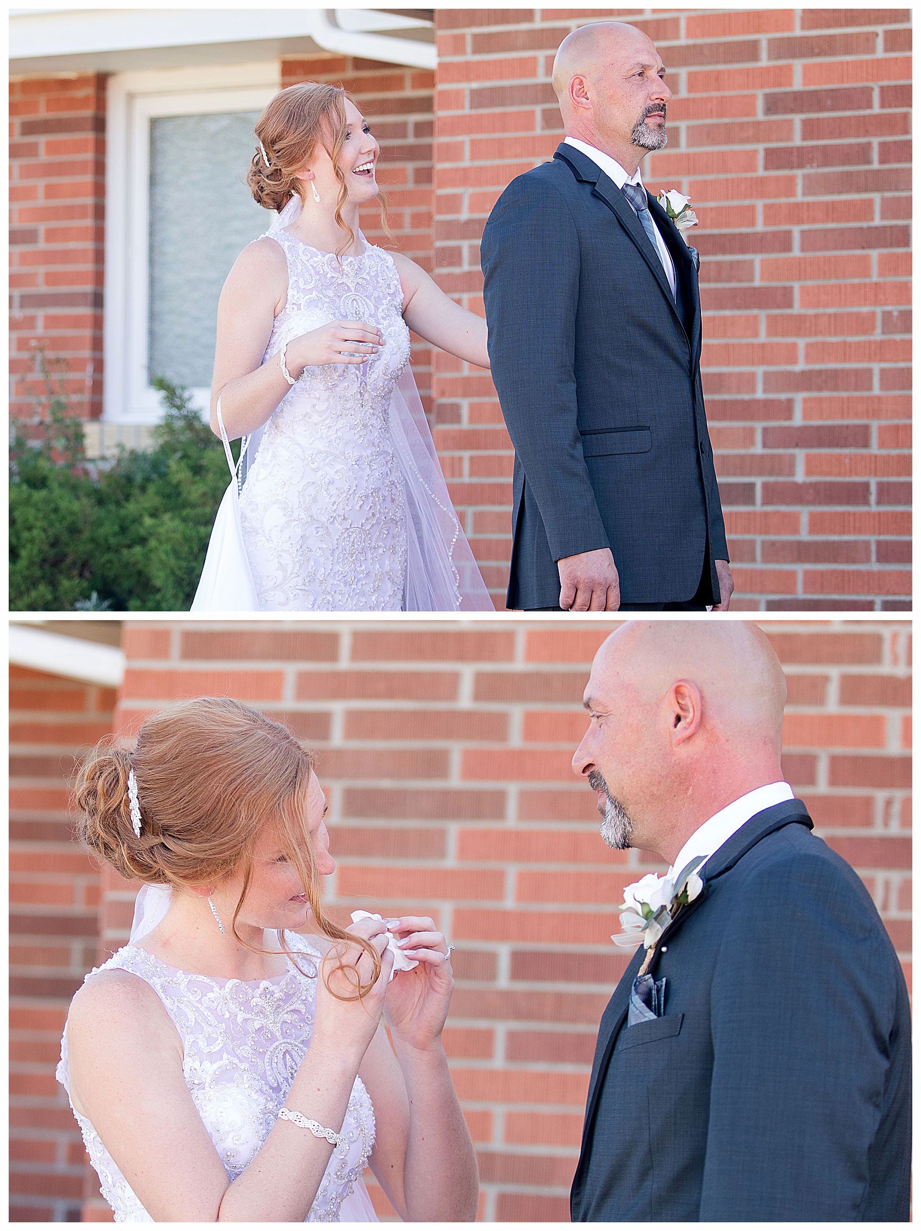 bride tapping her dads shoulder during first look