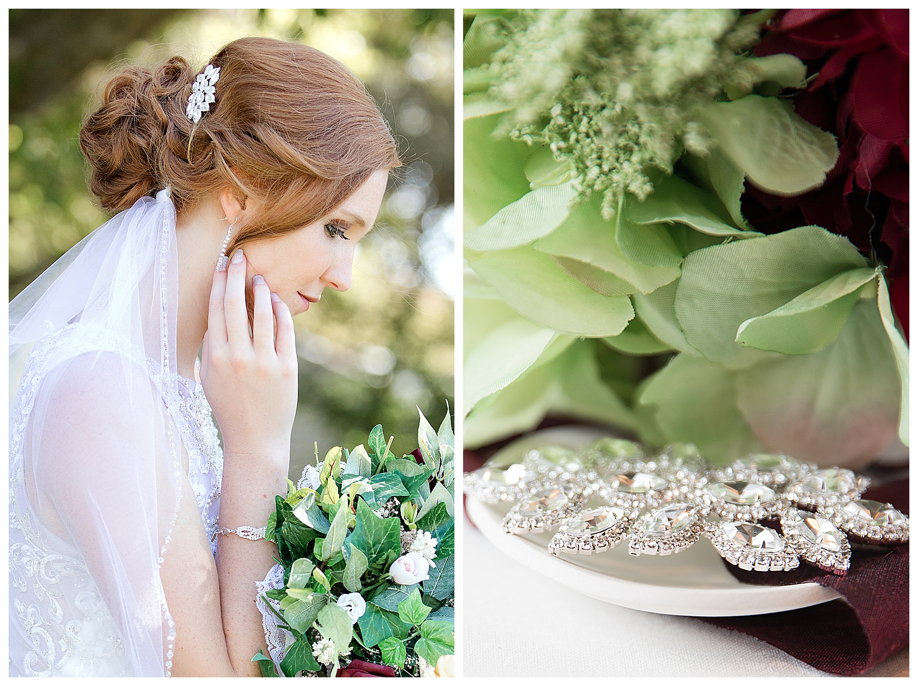 close up of redhead bride and head piece with sage color bouquet