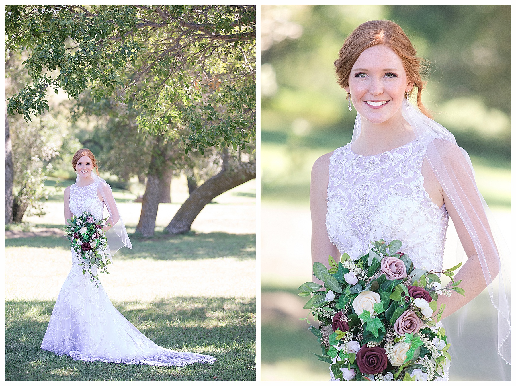 redhead bride and Burgundy and rose bouquet