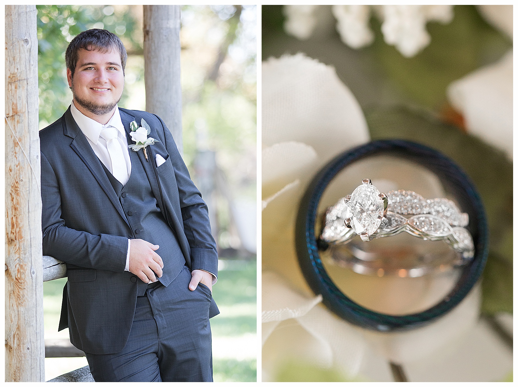 groom relaxes by old cabin porch at 