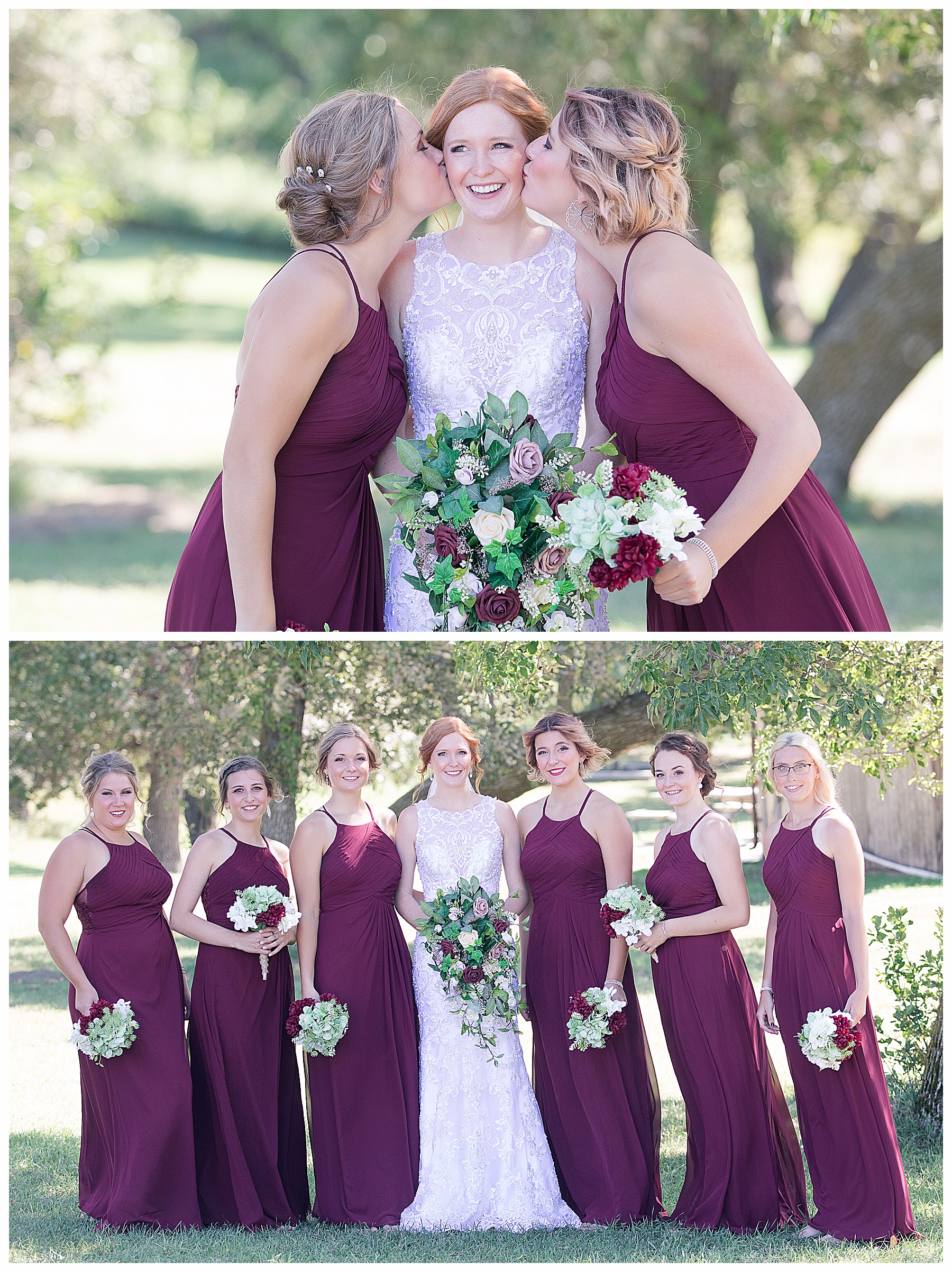 bridesmaids sisters kiss bride on cheek at Stone Butte Ranch Cabins, Elgin ND
