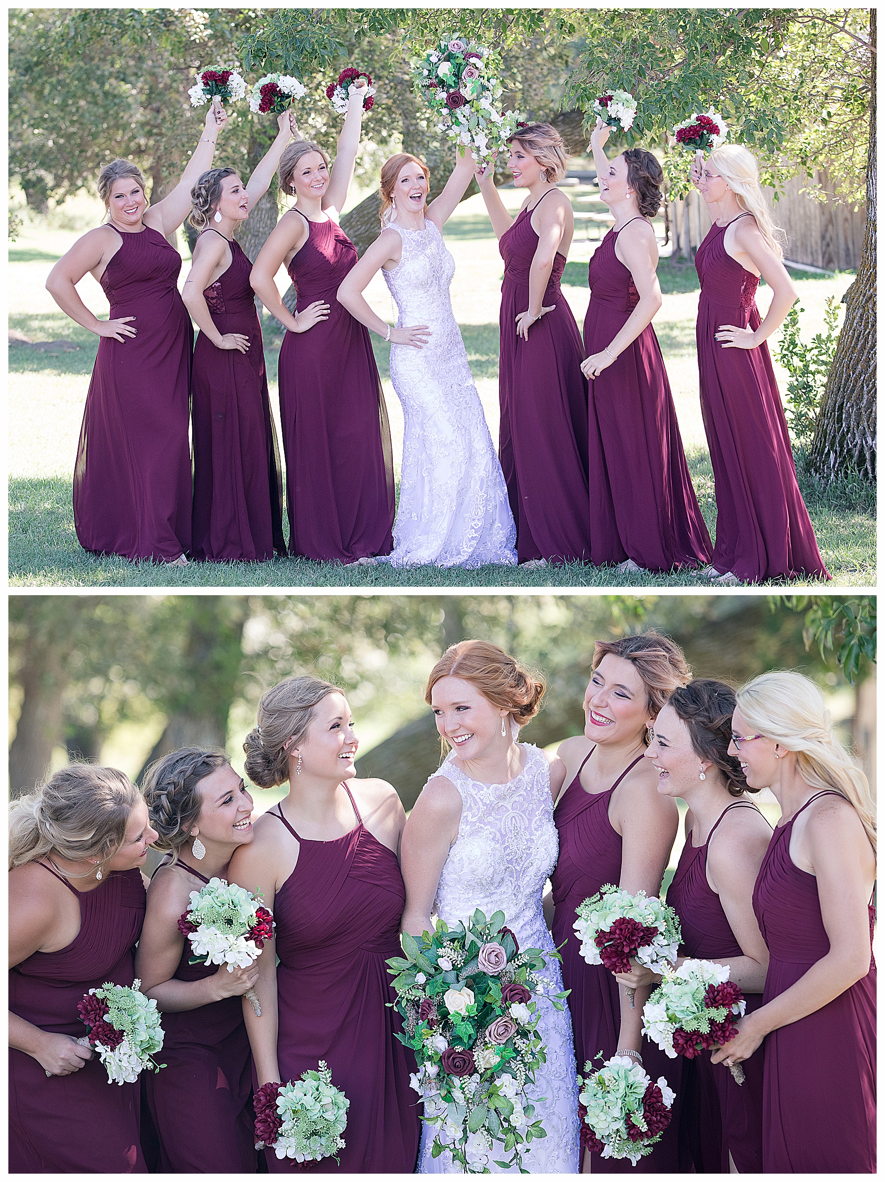 bridesmaids and bride celebrate holding bouquet high