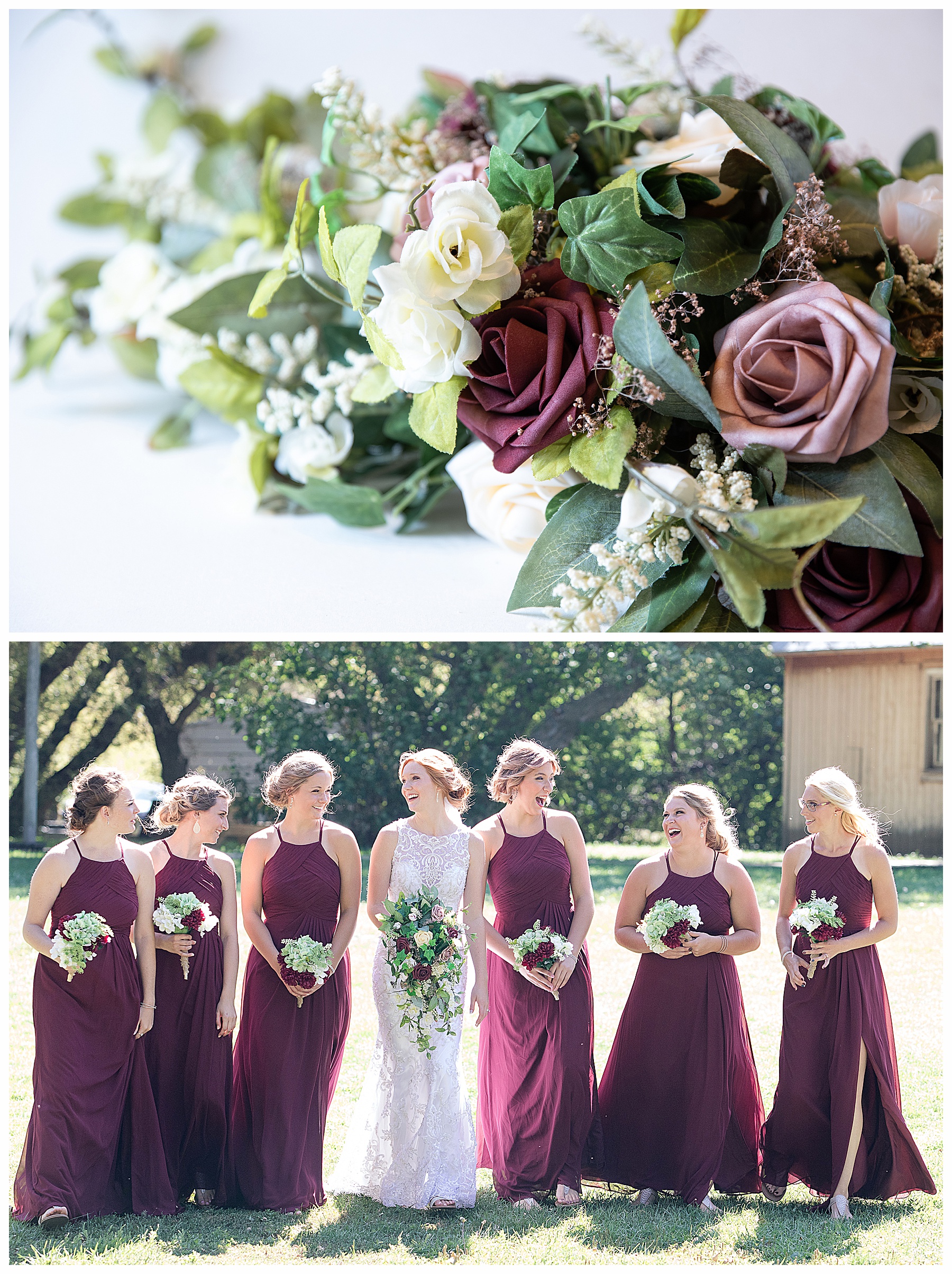 bride and bridesmaids walk in sunny field