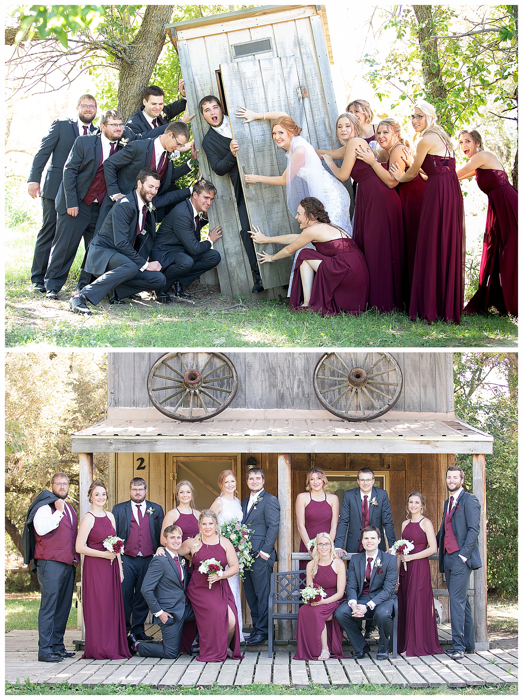 fun and funny wedding party pictures with outhouse at Stone Butte Ranch Cabins, Elgin ND
