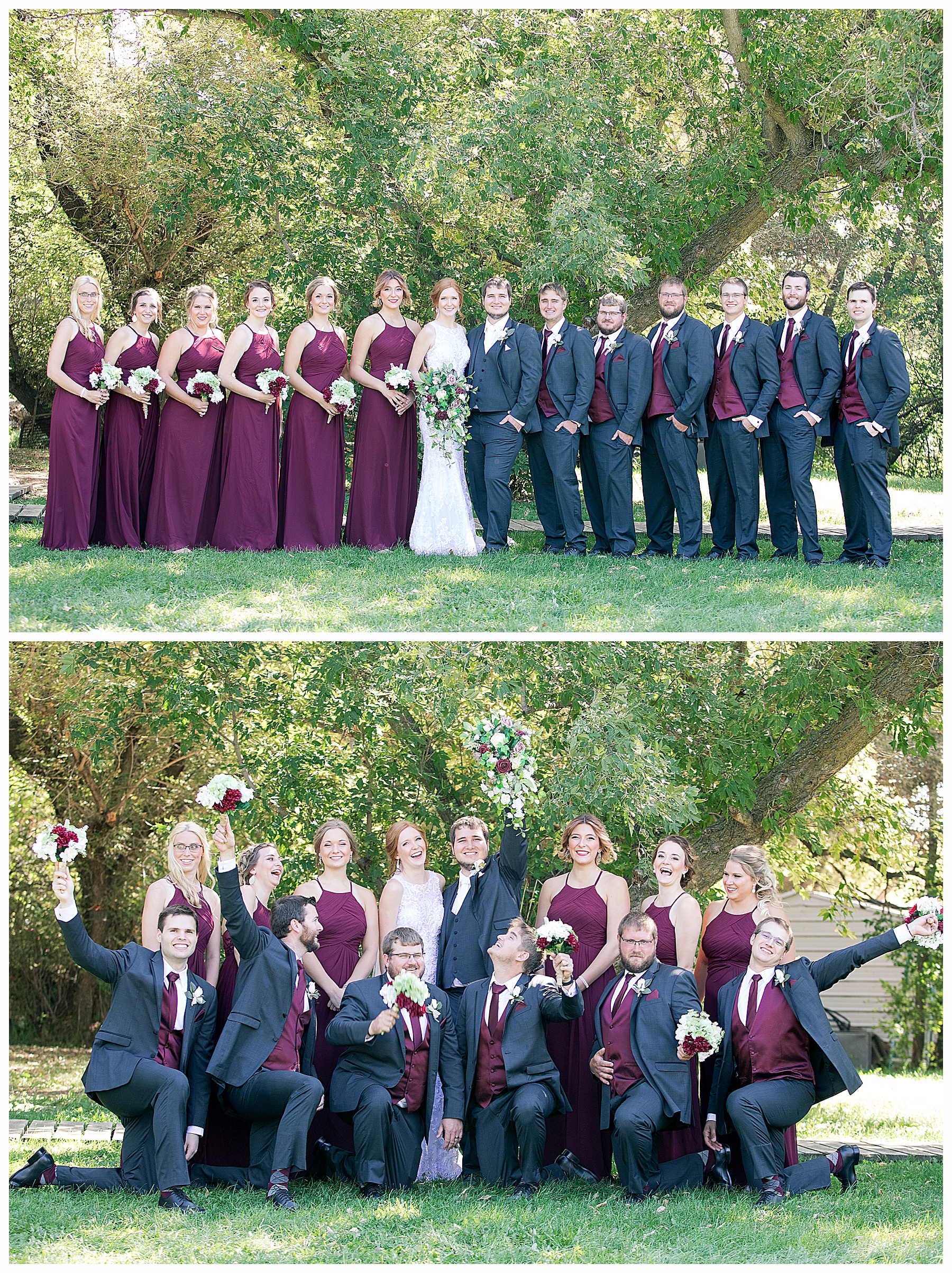 traditional and fun wedding party pictures in Burgundy and grey at Stone Butte Ranch Cabins, Elgin ND