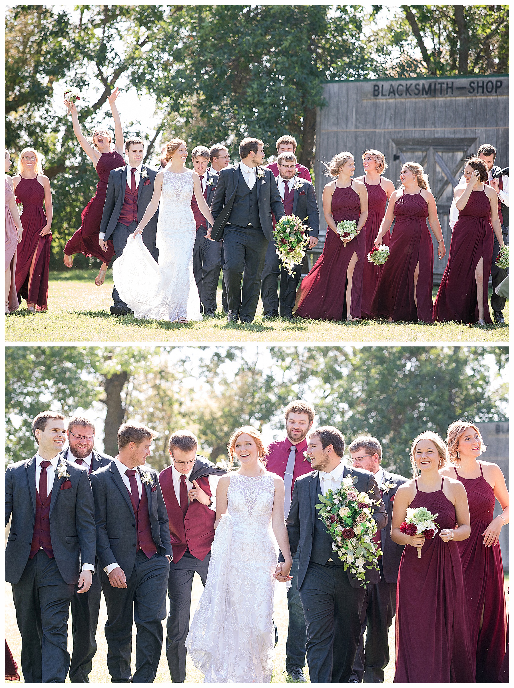 Burgundy and grey wedding party walk and jump at Stone Butte Ranch Cabins, Elgin ND