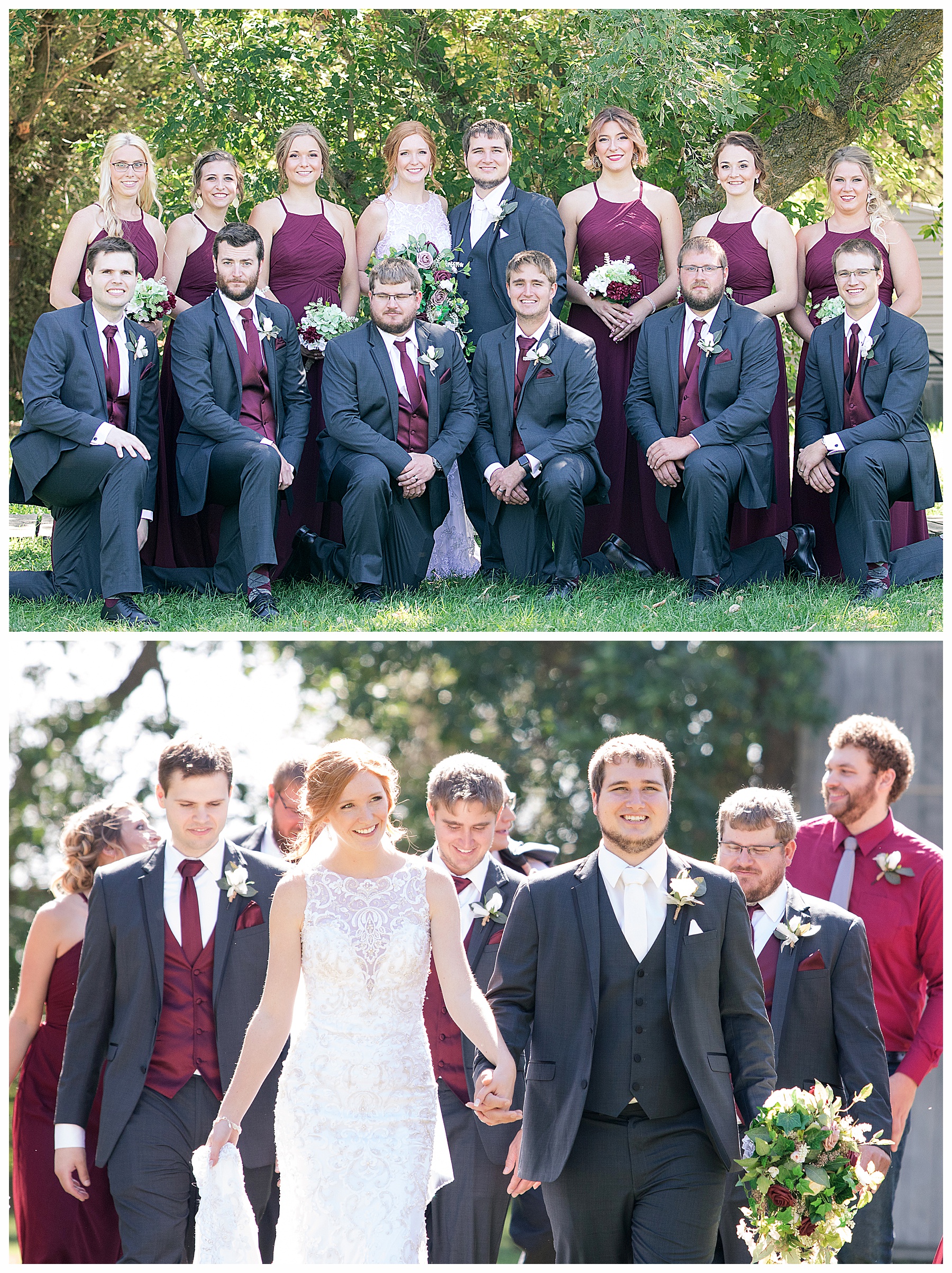 Burgundy and grey wedding party at Stone Butte Ranch Cabins, Elgin ND 