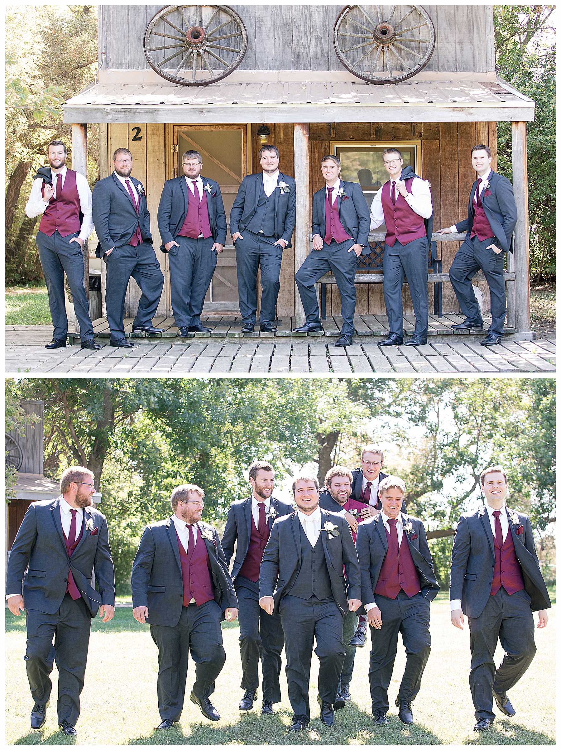 Groom and Groomsmen in grey and Burgundy pose on old log cabin porch 