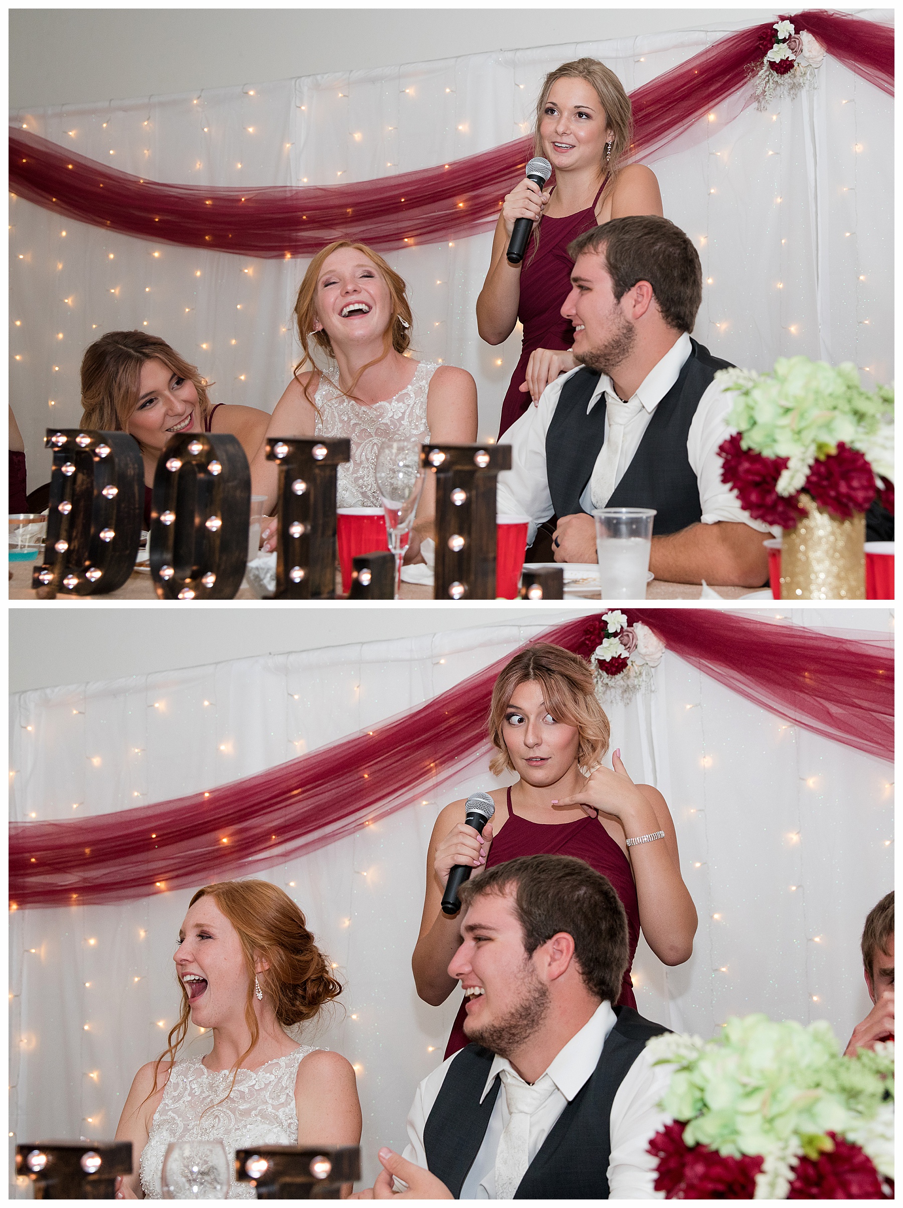 bride and groom laugh during toasts