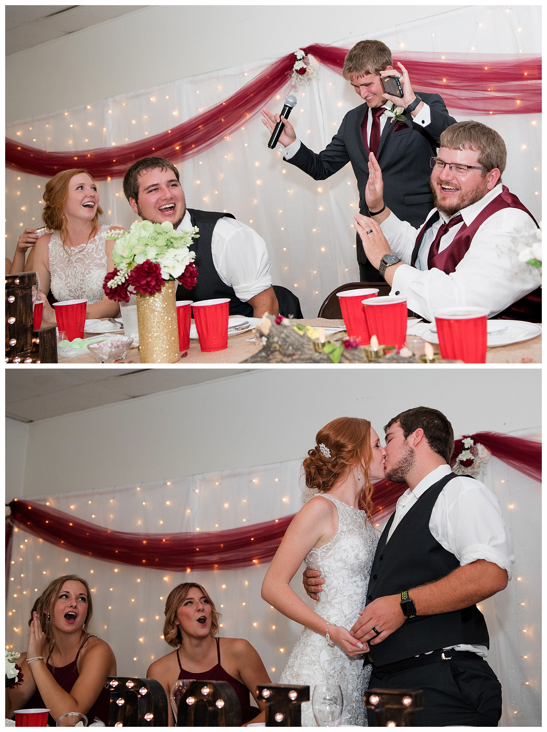 wedding party laughs during toasts