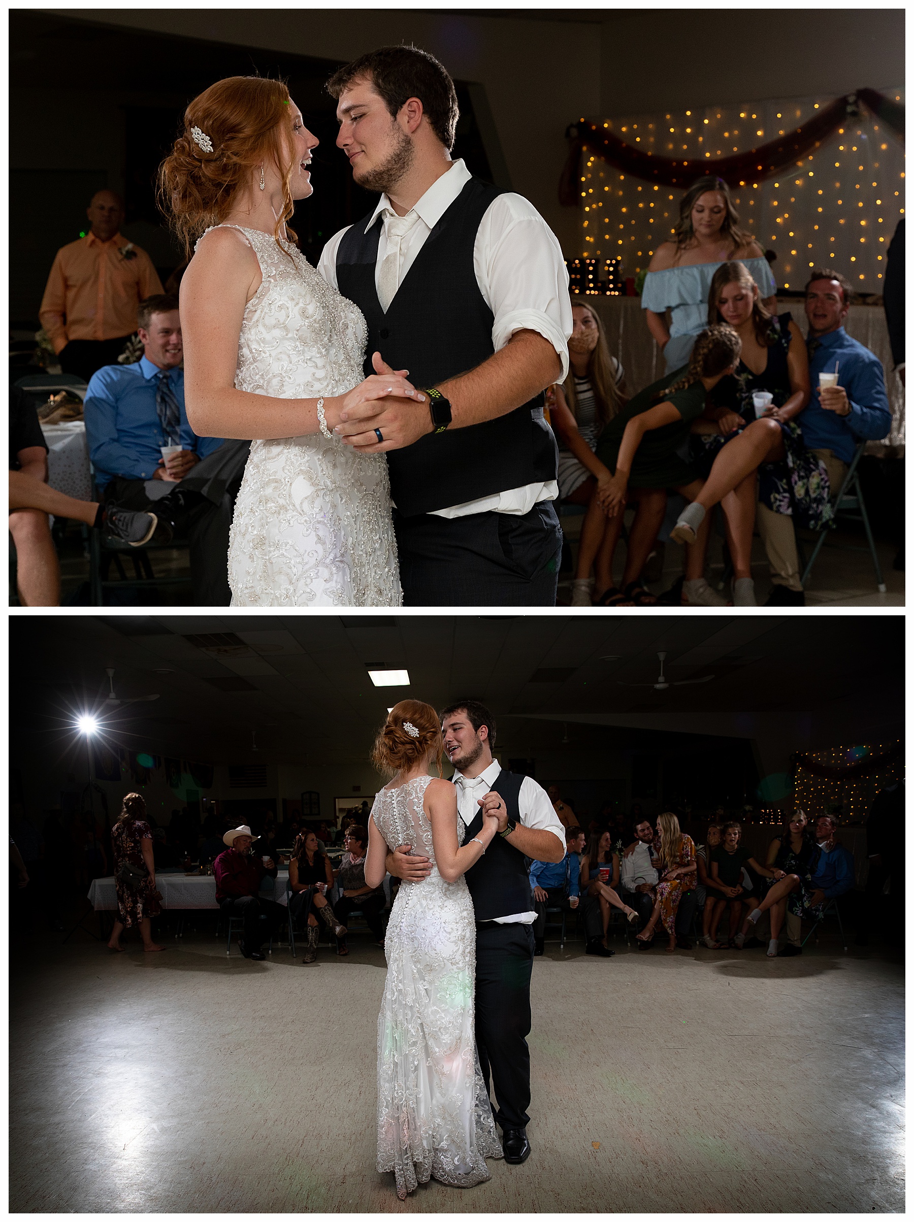 bride and groom's first dance with friends looking on