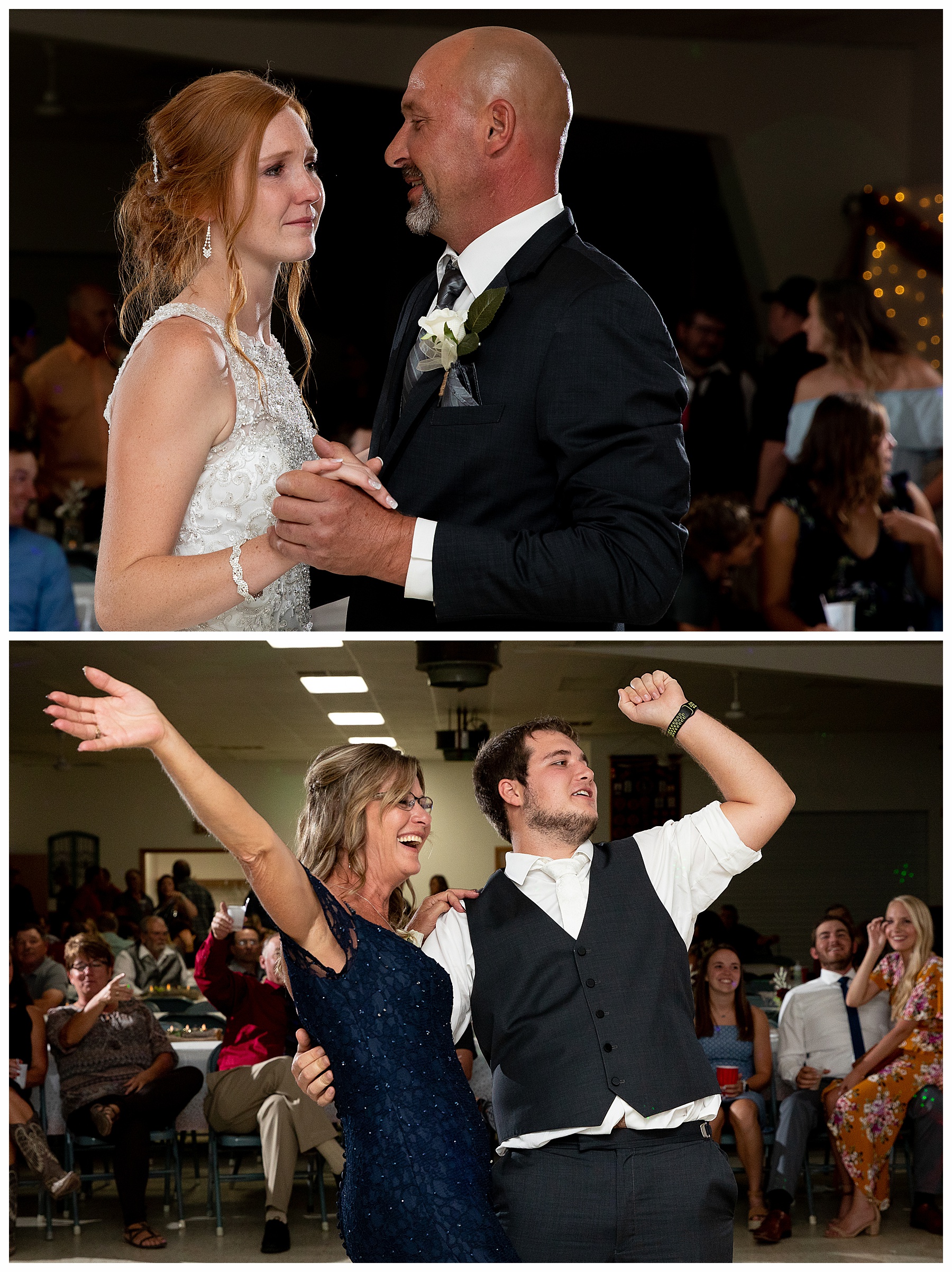 bride cries during father daughter dance and mother and groom celebrate during mother son dance