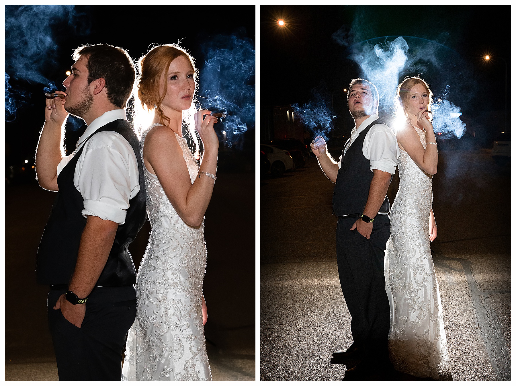 redhead bride and groom smoke cigars at night with blue smoke