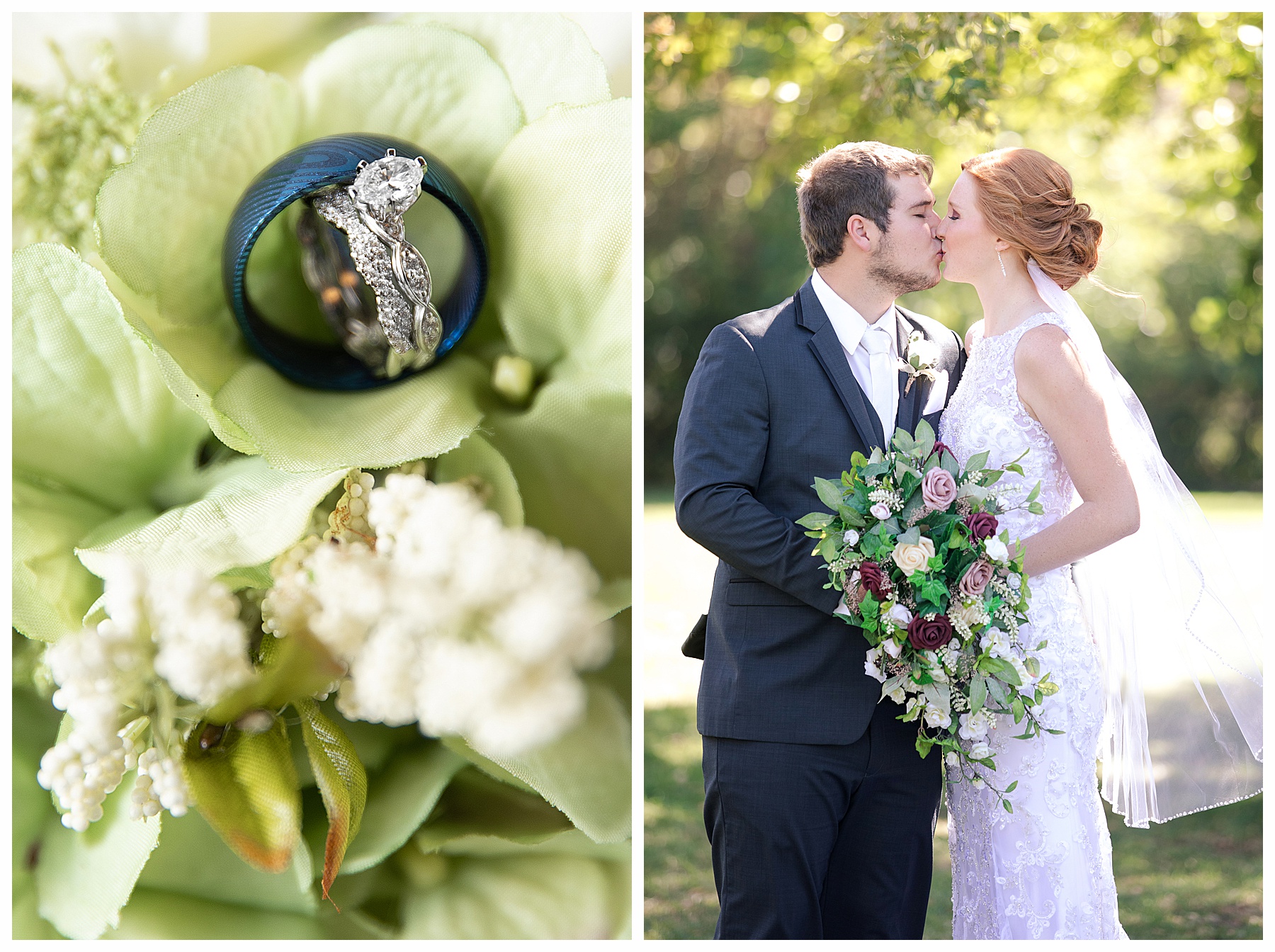 red head bride and groom with pistachio bouquet