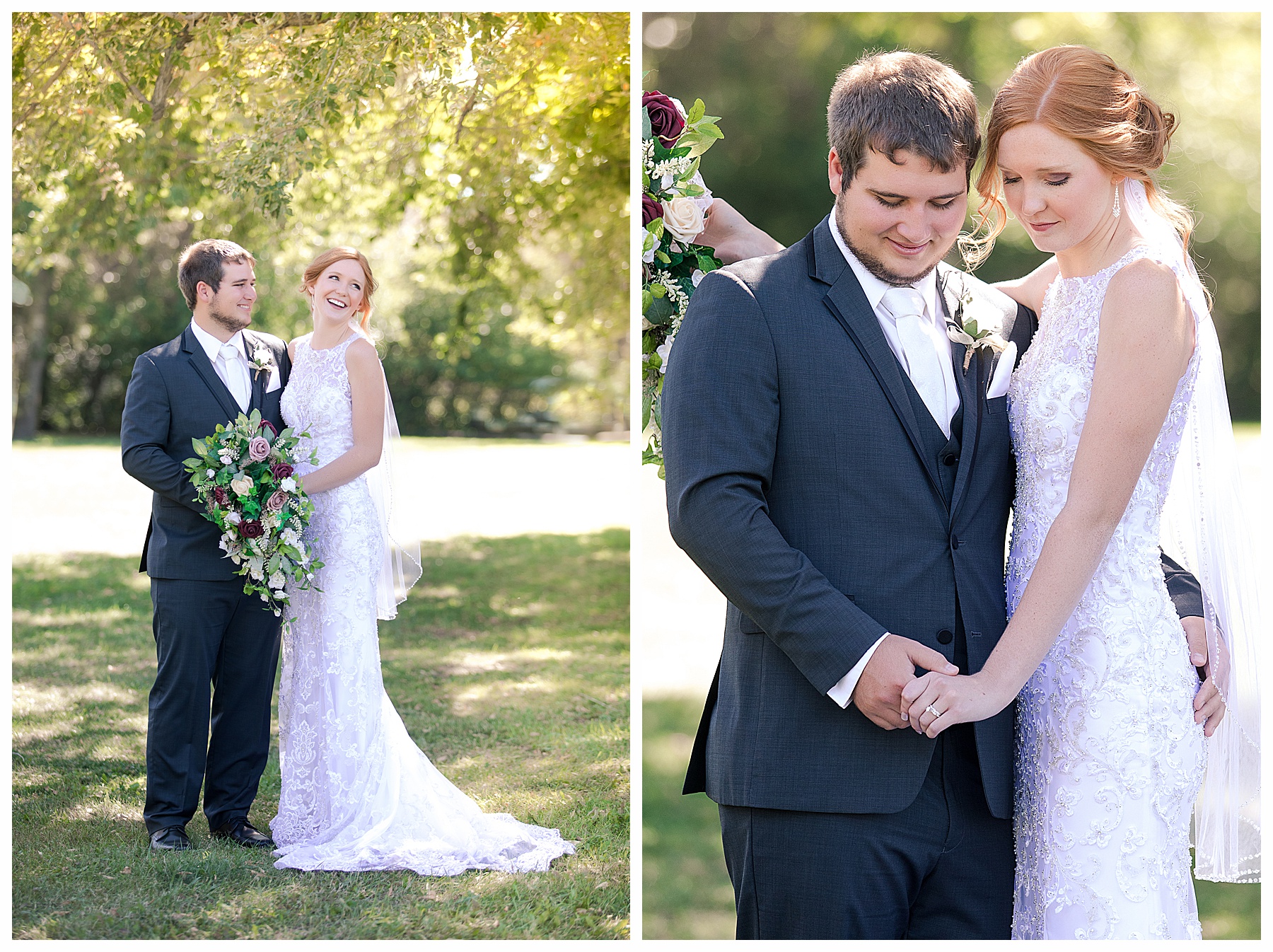 red head bride laughs while groom looks on