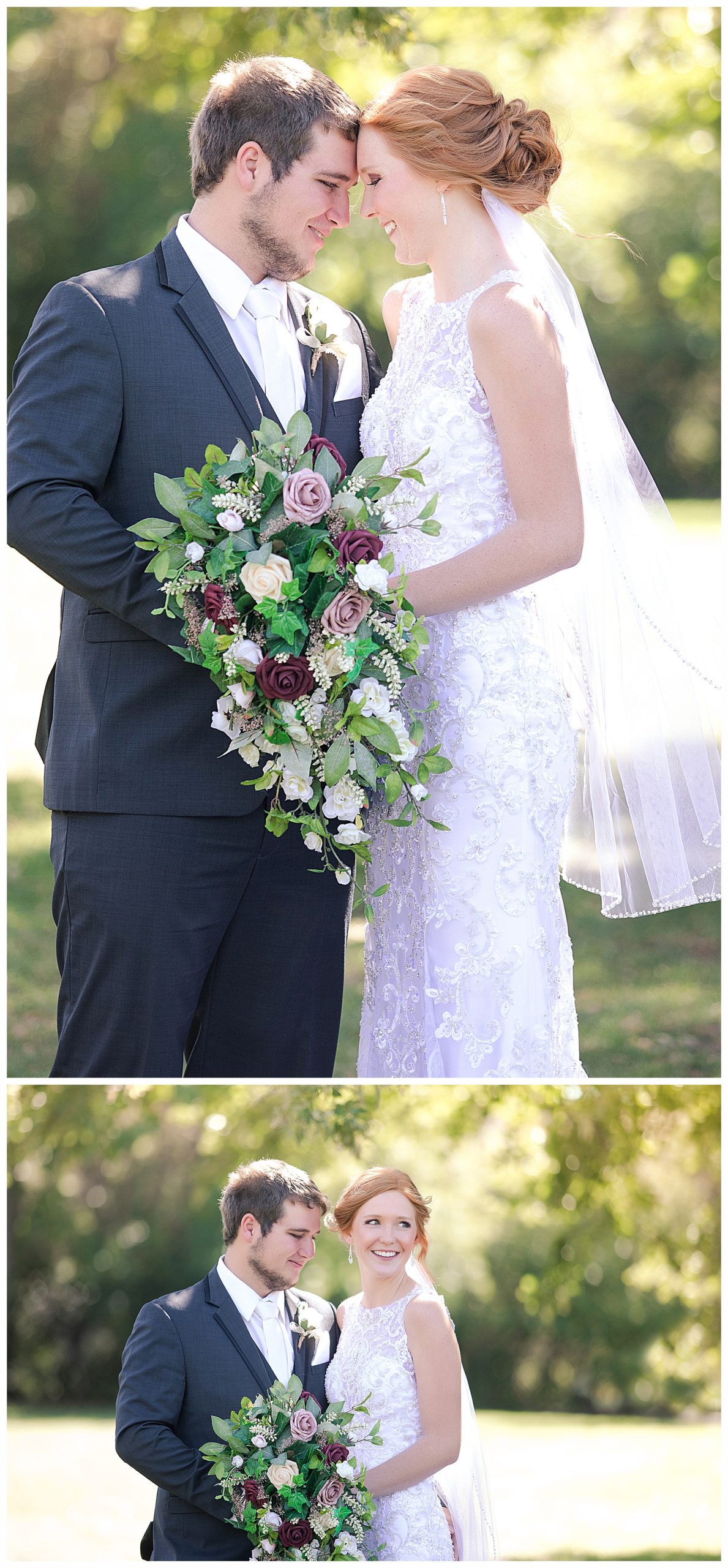 Redhead bride and groom with foreheads touching