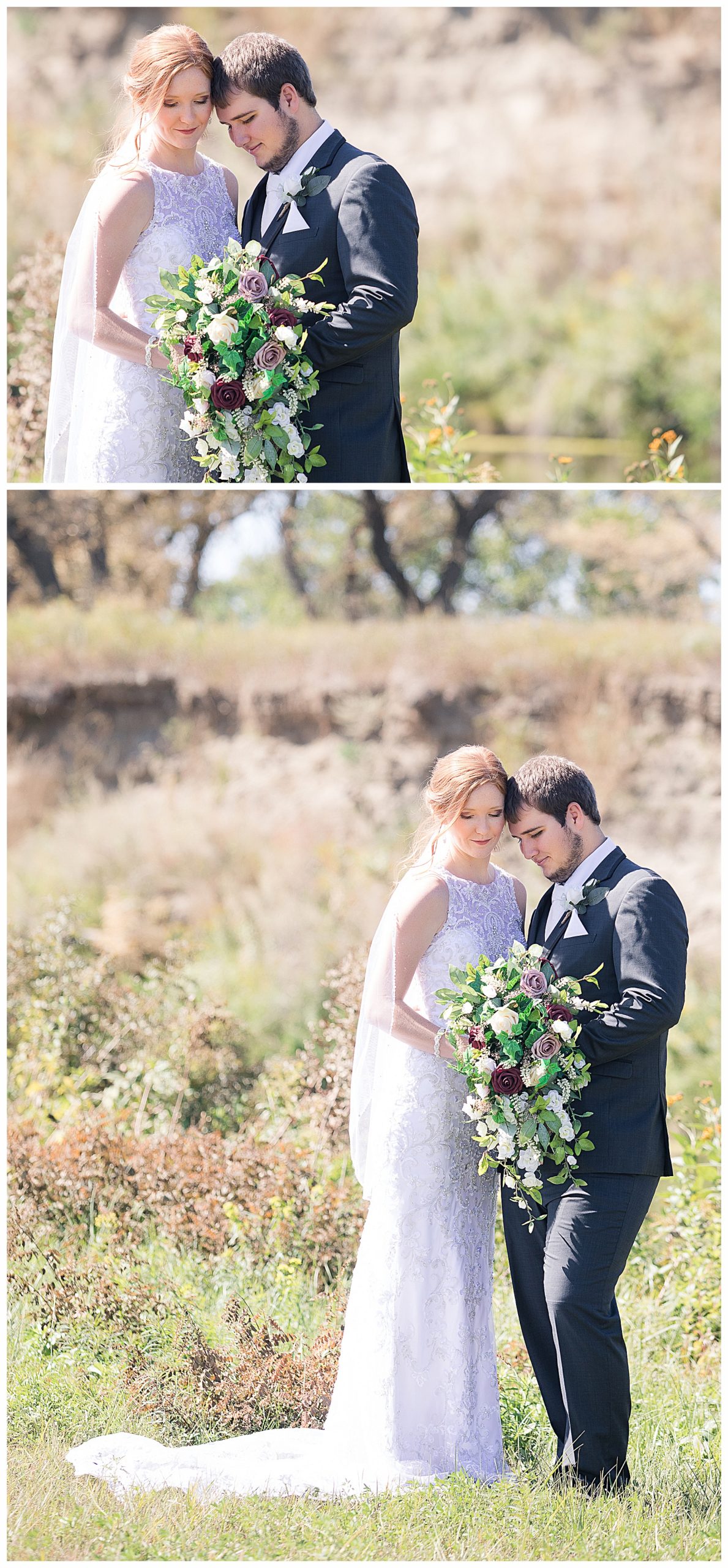 redhead bride and groom in sun by river at Stone Butte Ranch Cabins, Elgin ND