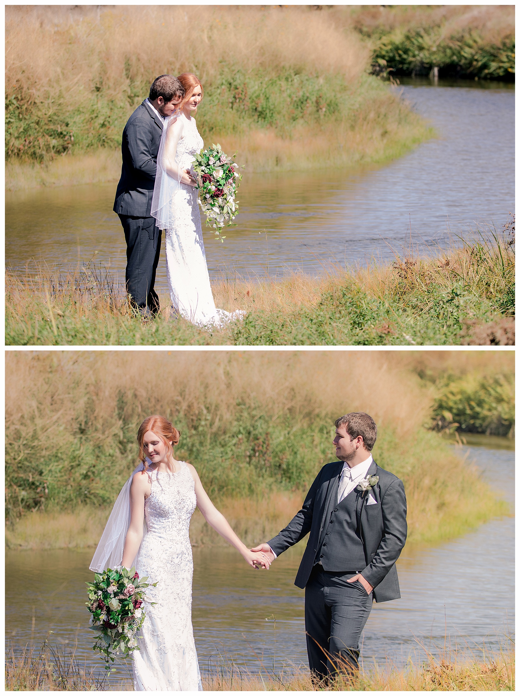 bride and groom in the sun by Cannon Ball river at Stone Butte Ranch Cabins, Elgin ND