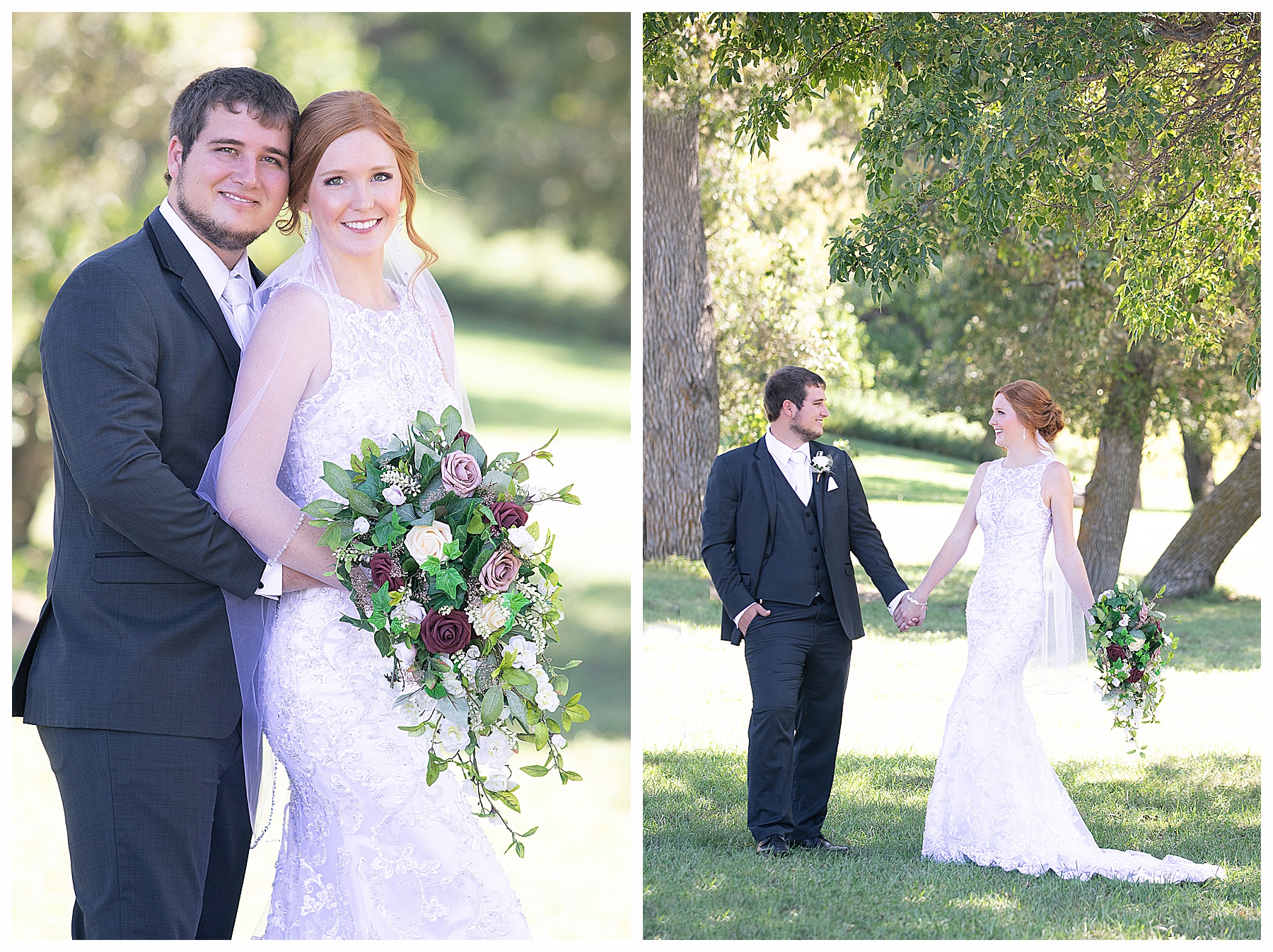 redhead bride and groom in a field with trees 