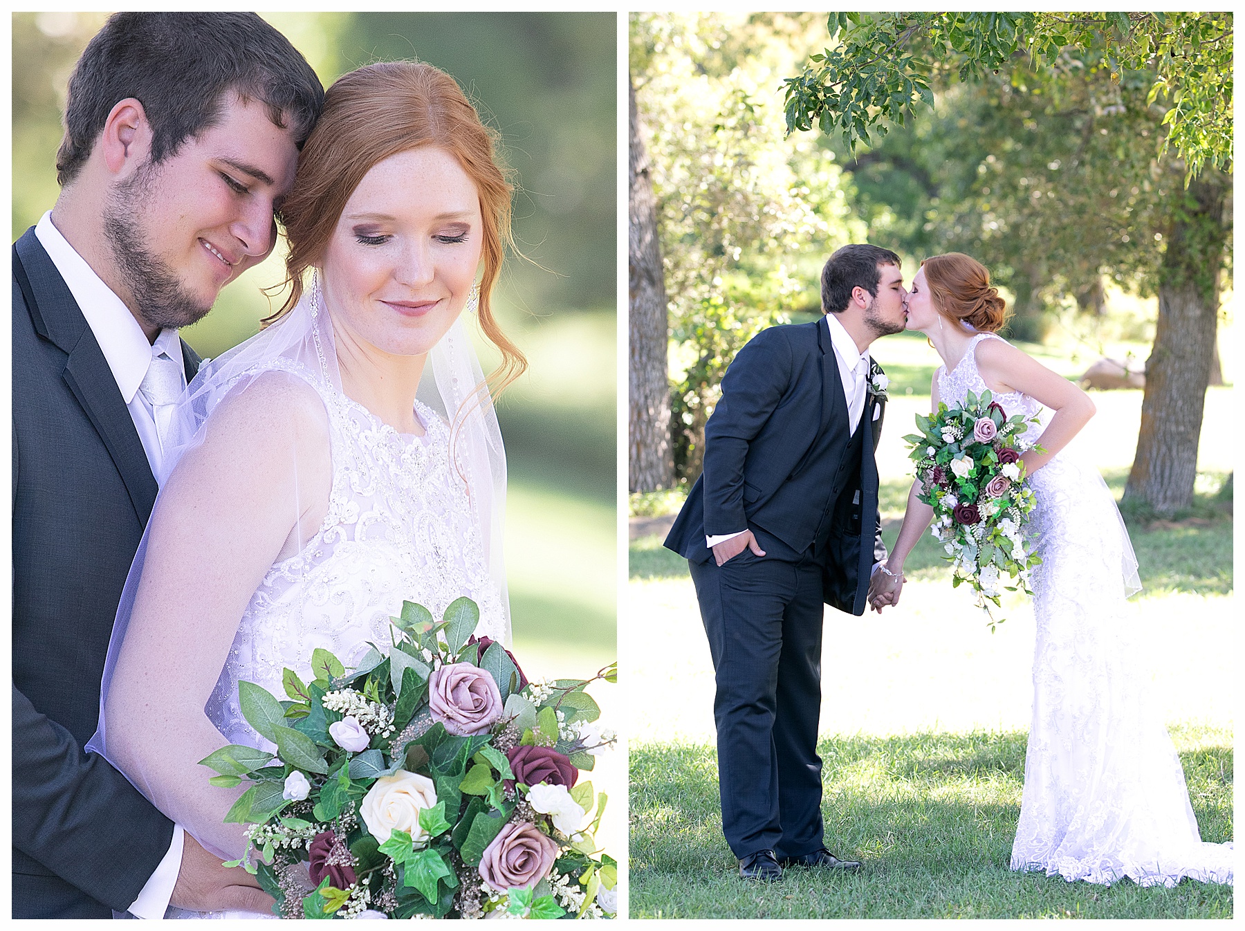 redhead bride and groom lean in for cute kiss