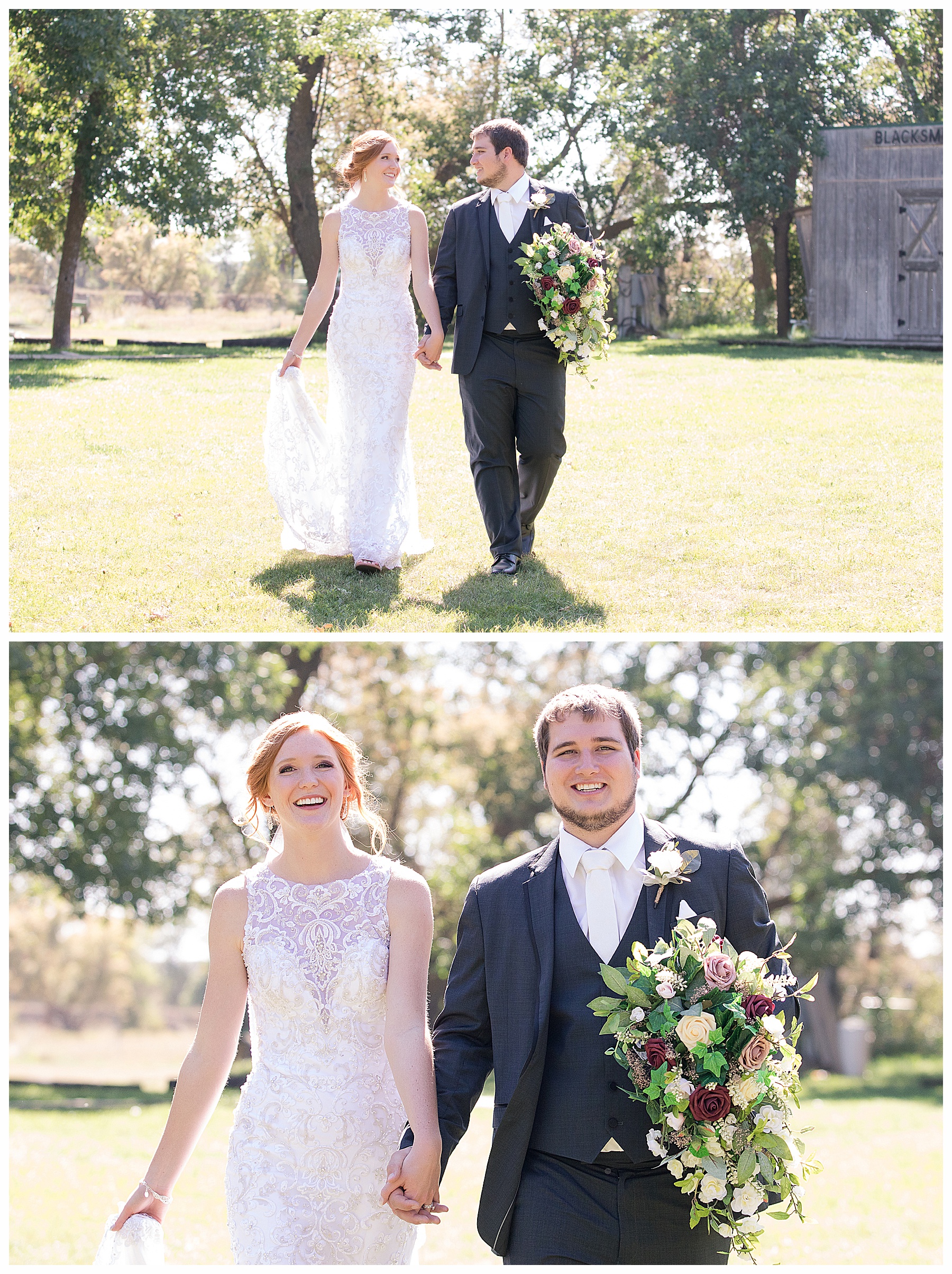 bride and groom holding bouquet walk together in sunny field at Stone Butte Ranch Cabins, Elgin ND
