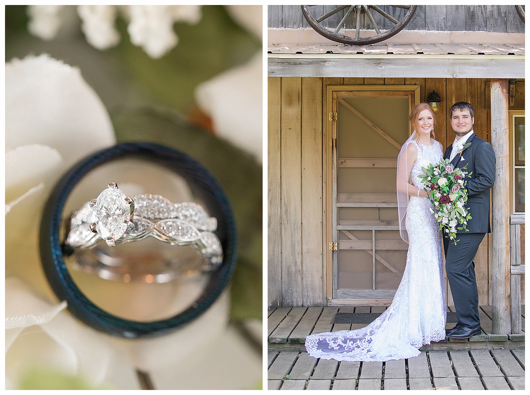 bride and groom on rustic cabin porch at Stone Butte Ranch Cabins, Elgin ND
