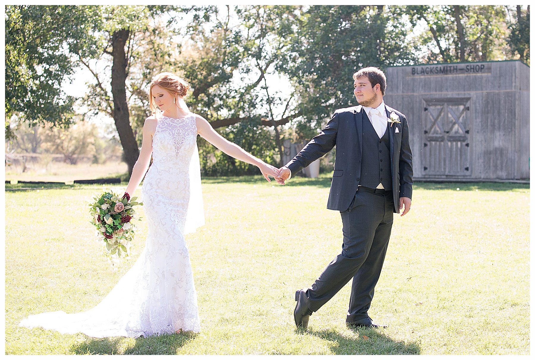 groom leads bride in open field at Stone Butte Ranch Cabins, Elgin ND